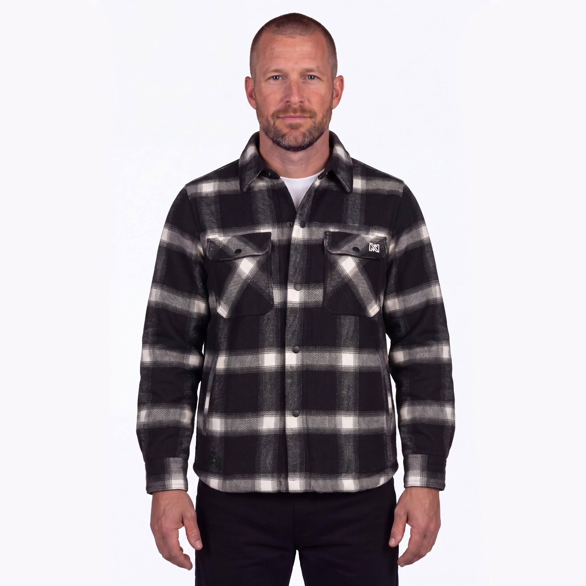 Front. Mobile Warming - Men's Kodiak Plaid Heated Jacket - Black and White.
