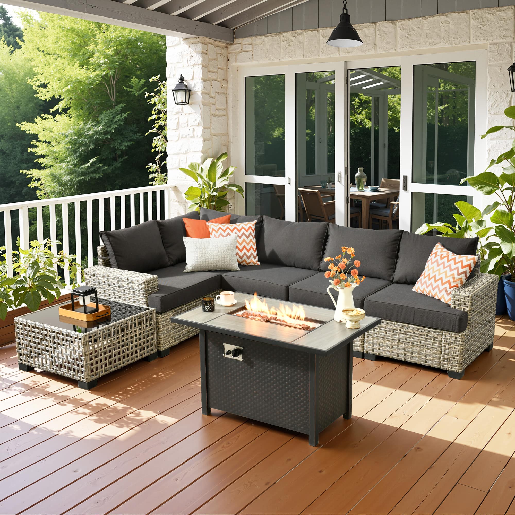 Ovios - 7 PCS Patio Sectional Furniture with 42" Fire Pit Table Rattan Wicker Coversation Couch Set - Black