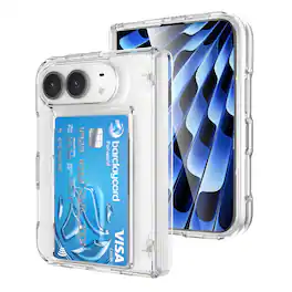 Dteck - for Apple iPhone Duo Slim Card Slots Case,Hinge Protection Bulit in Screen Protector Rugged Hard PC Back Card Pocket - Clear