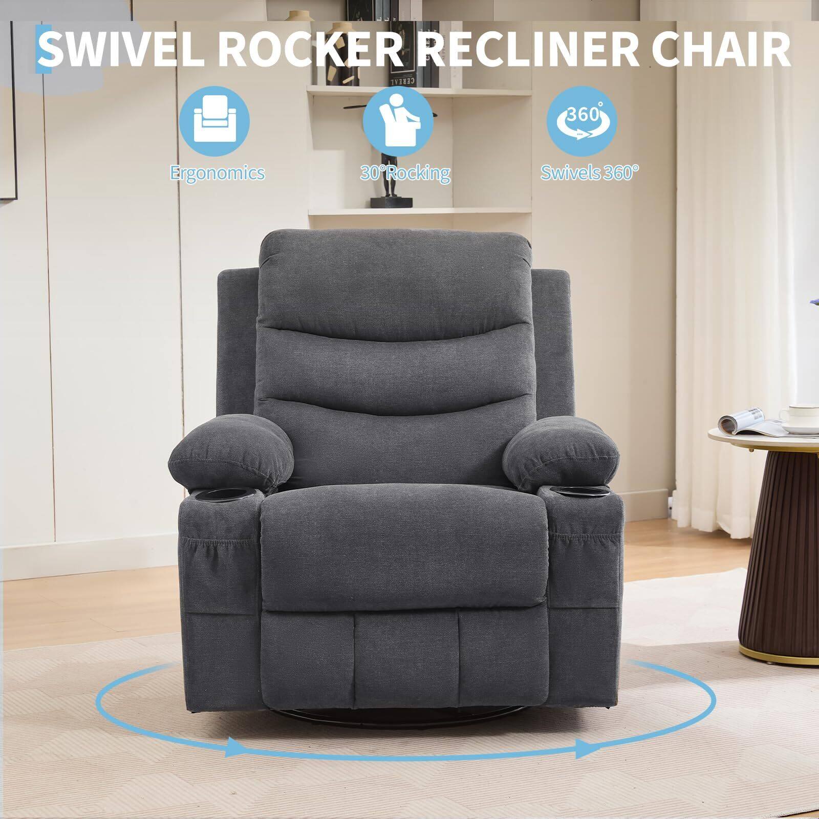 SWIVEL ROCKER RECLINER CHAIR

- Ergonomics
- 30° Rocking
- Swivels 360°