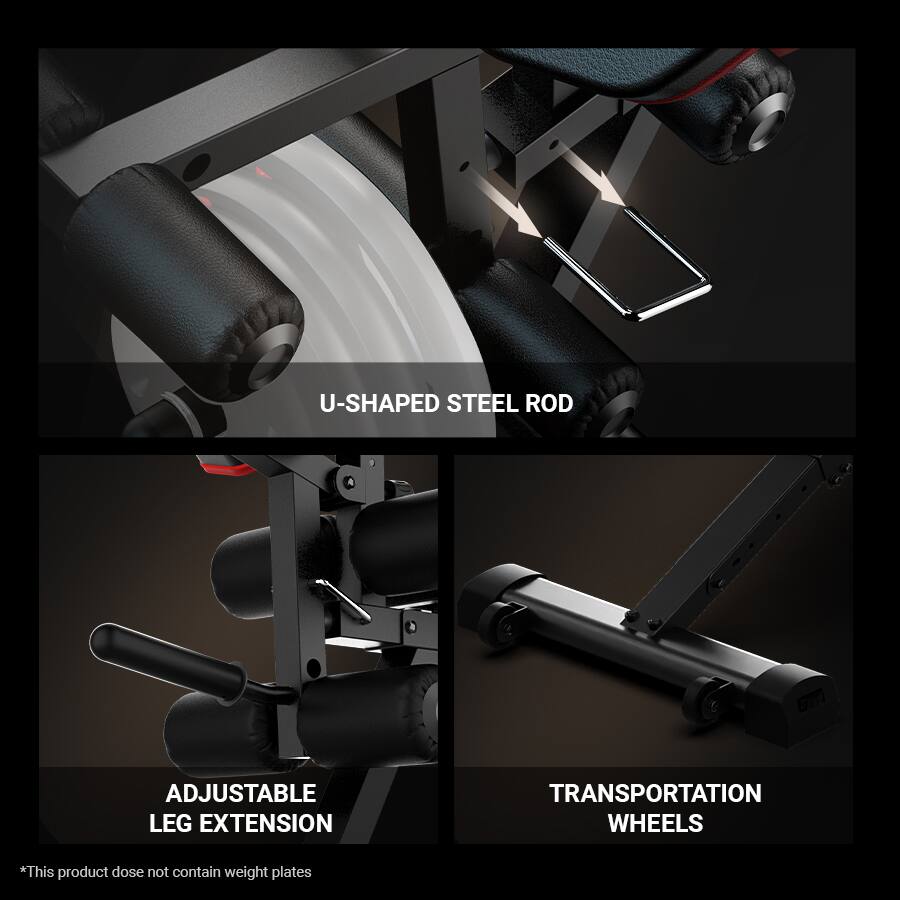 U-SHAPED STEEL ROD  
ADJUSTABLE LEG EXTENSION  
TRANSPORTATION WHEELS  

*This product does not contain weight plates