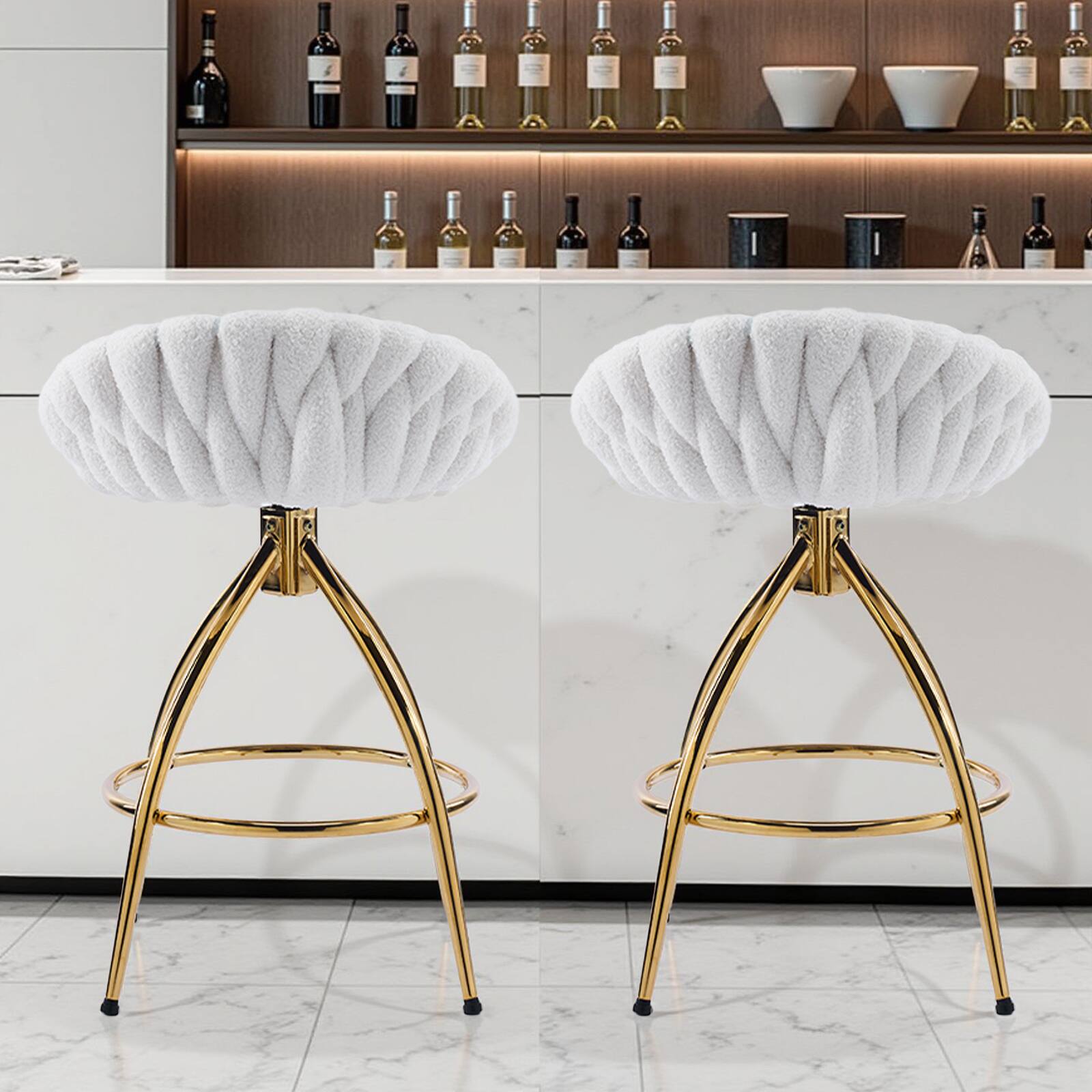 Left. SlickBlue - 2pcs Teddy Velvet Swivel Bar Stools – Woven Style with Gold-Plated Iron Legs - White.