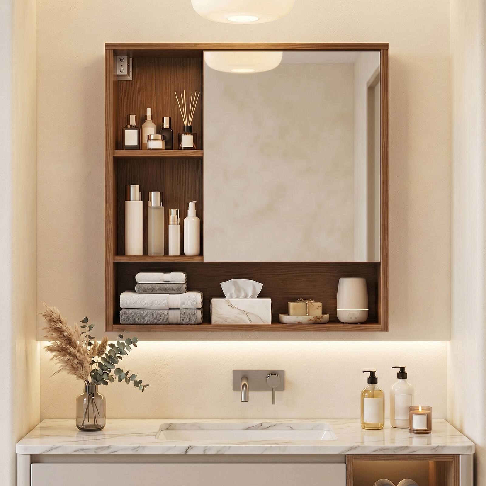 Alt View 1. Costway - Costway Bathroom Mirror Cabinet with 2 Hidden Storage Shelves, 3 Open Storage Compartments - Walnut.