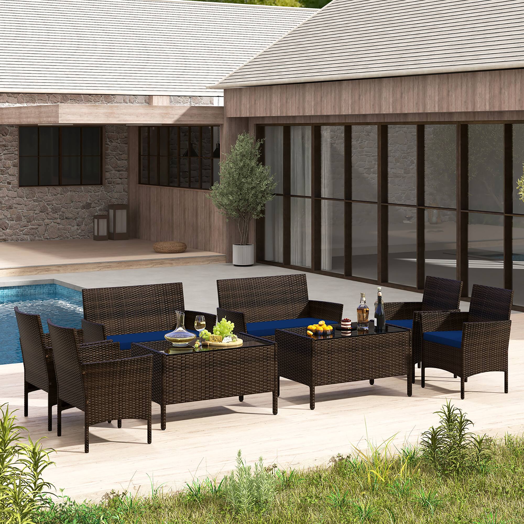 Alt View 3. Gymax - Gymax 8 PCS Patio Rattan Conversation Set Outdoor Wicker Furniture Set w/ Chair & Loveseat - Brown, Navy.