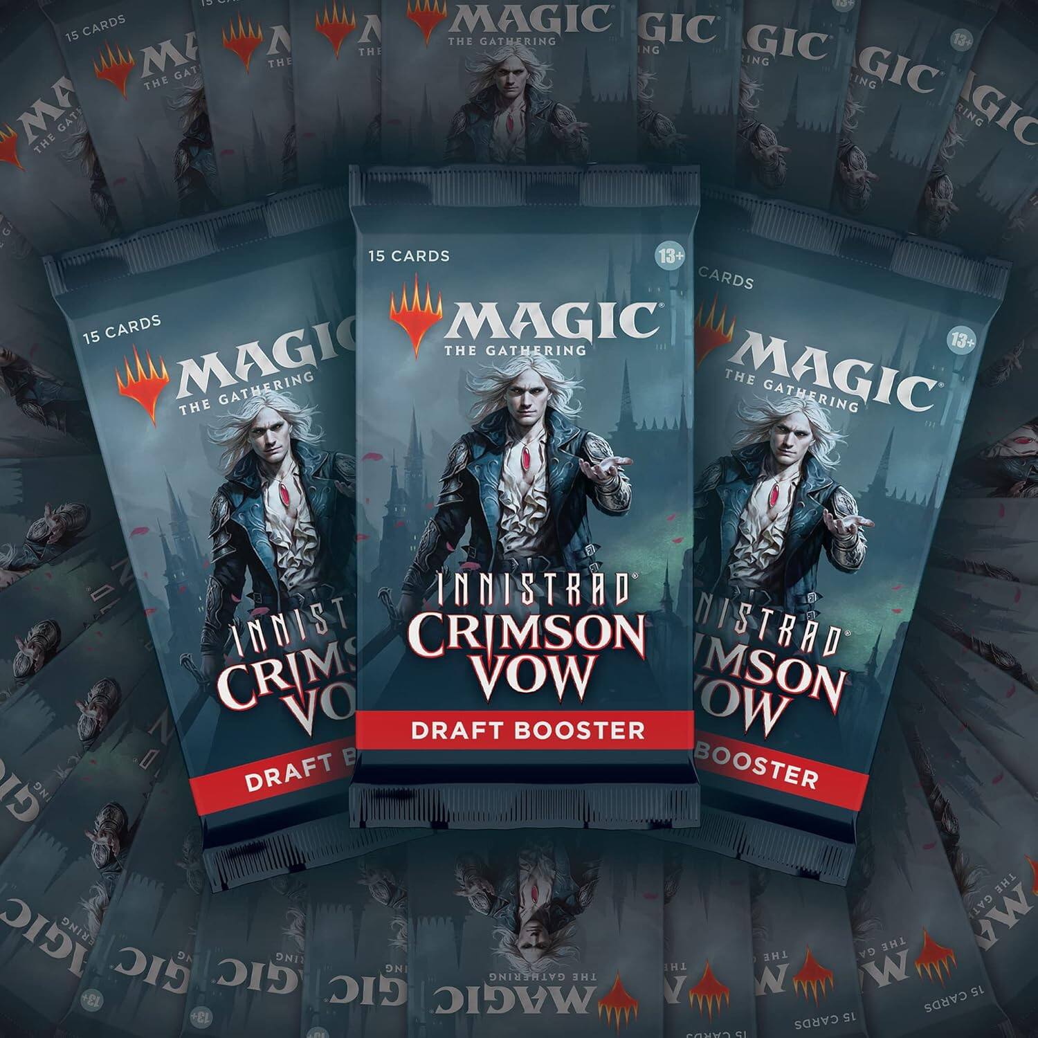 MAGIC THE GATHERING  
15 CARDS  
13+ CARDS  
INNISTRAD CRIMSON VOW  
DRAFT BOOSTER