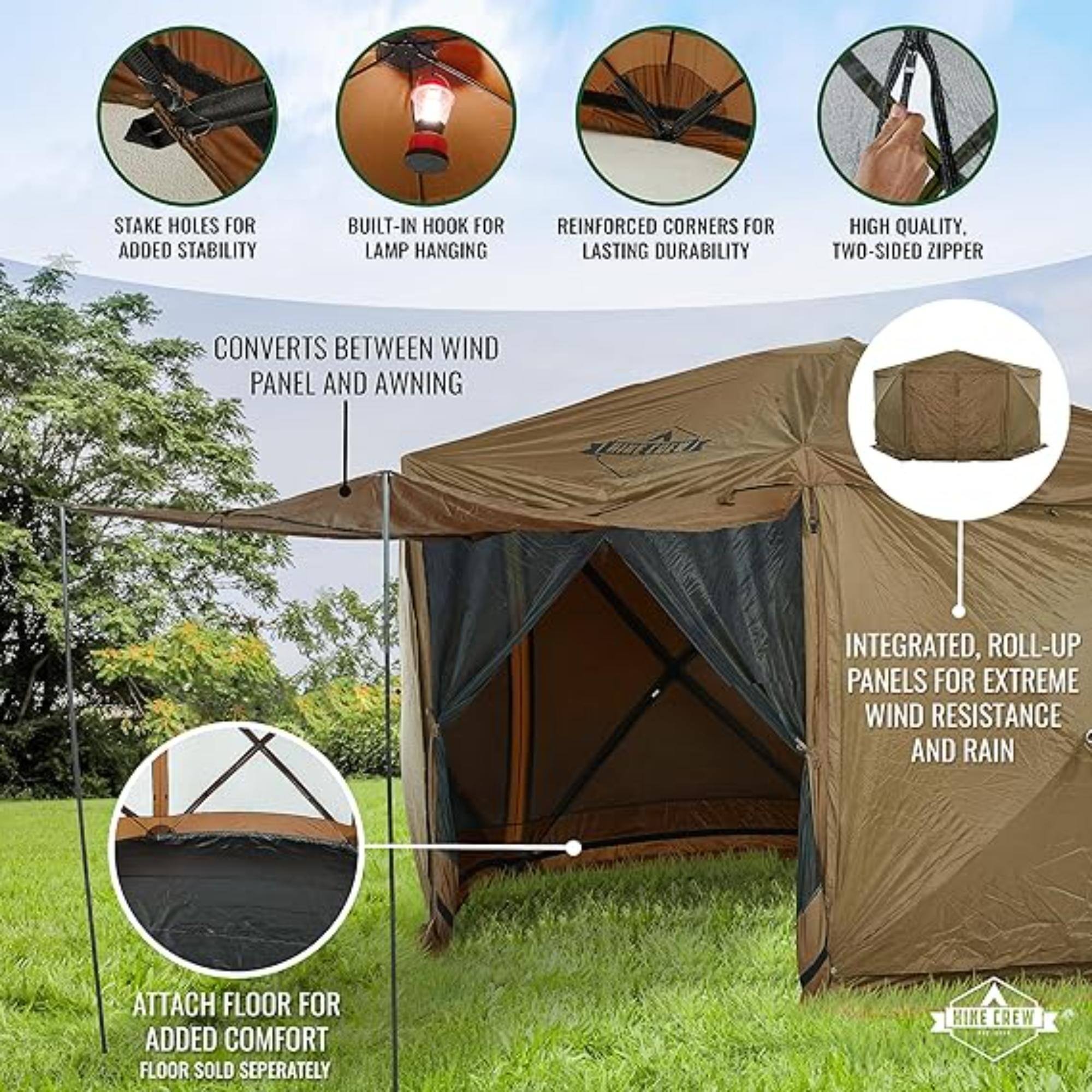 Stake holes for added stability, built-in hook for lamp hanging, reinforced corners for lasting durability, high-quality, two-sided zipper, converts between wind panel and awning, integrated, roll-up panels for extreme wind resistance and rain, attach floor for added comfort, floor sold separately, Hike crew.