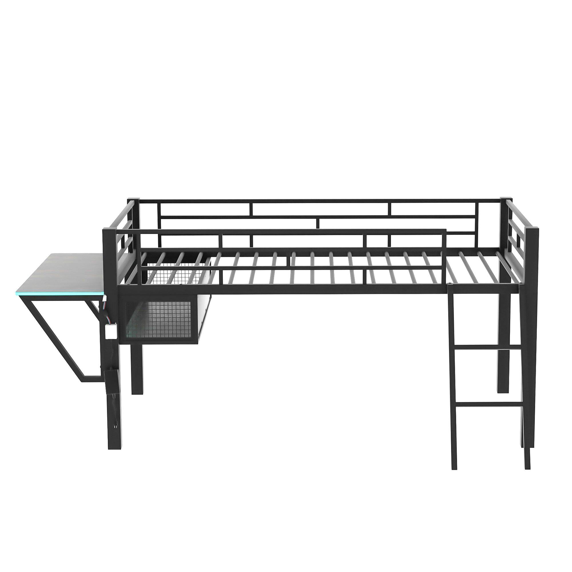 Left. PexFix - Loft Gaming Bed with Desk & Storage, LED Kids Bed Frame with Sturdy Metal Construction for Small Bedrooms - Black.