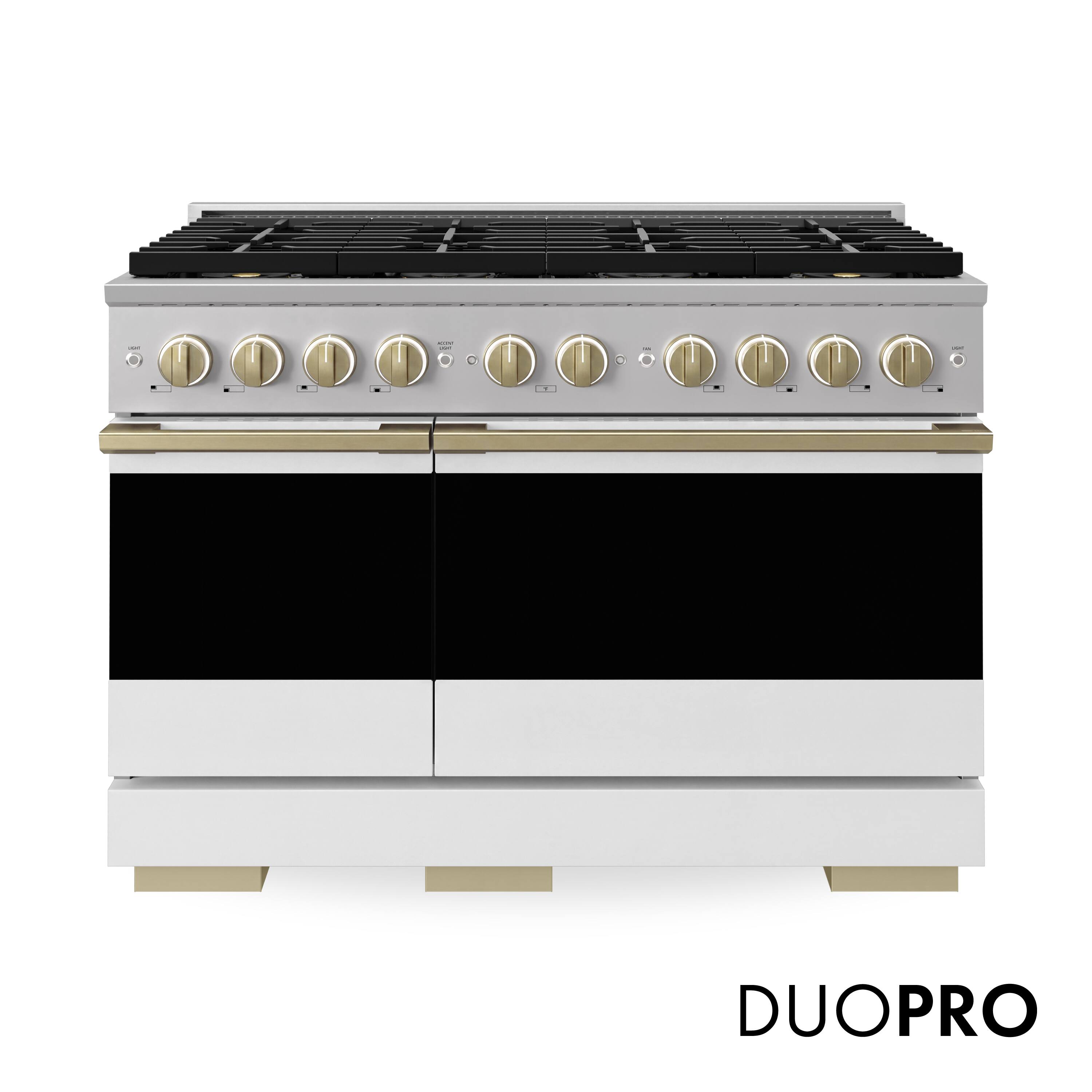 Front. ZLINE - Autograph 48 in. 6.7 cu. ft. Marino Freestanding DuoPro Gas Range w/ White Matte Door and Champagne Bronze Accents - White Matte.