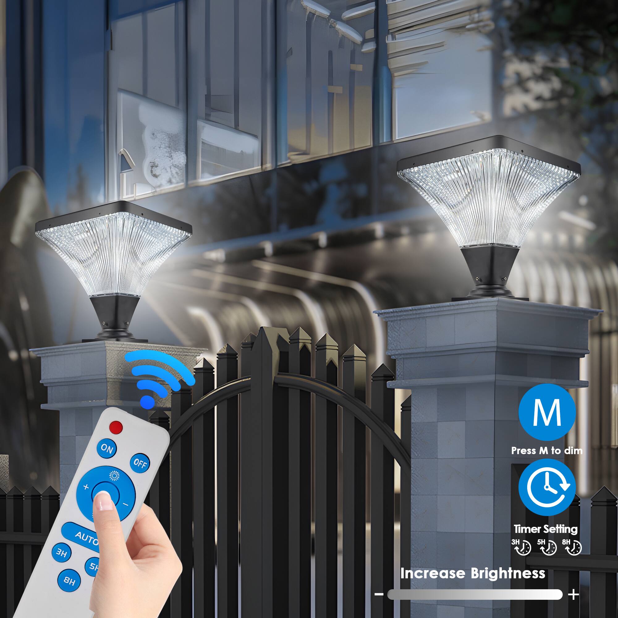 - ON
- OFF
- AUTO
- M (Press M to dim)
- Timer Setting (3H, 5H, 8H)
- Increase Brightness (+)
- BH
- SH
- BH