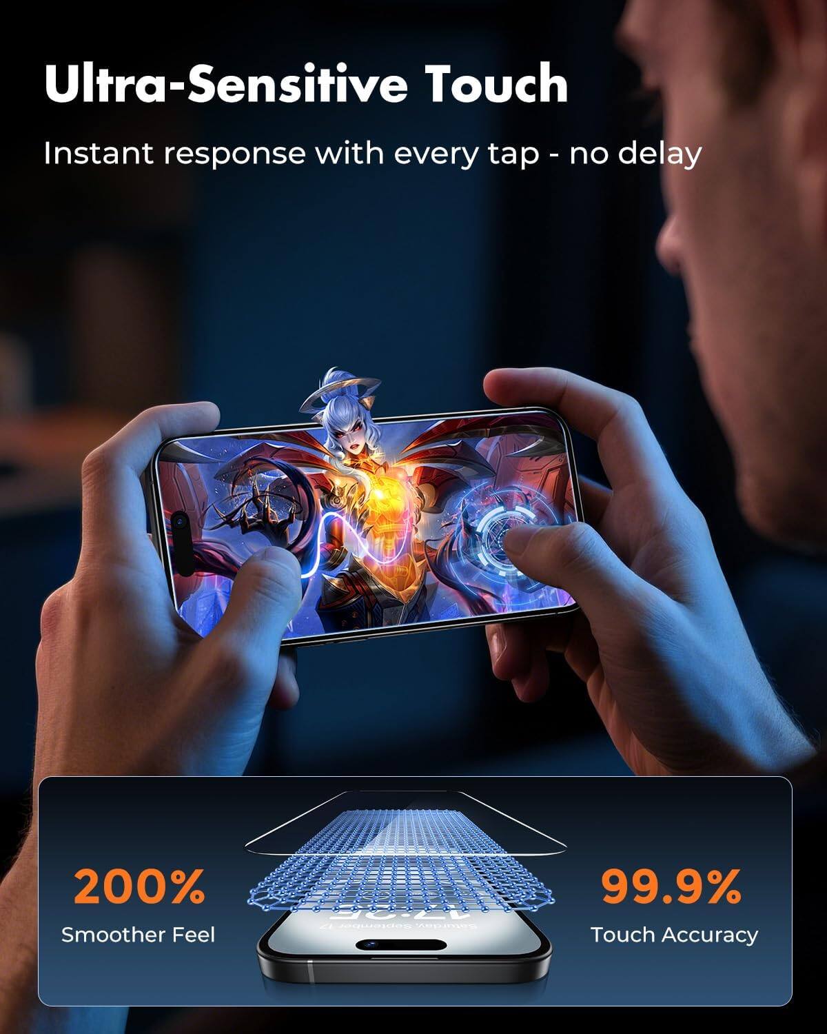 Ultra-Sensitive Touch  
Instant response with every tap - no delay  

200% Smoother Feel  

99.9% Touch Accuracy