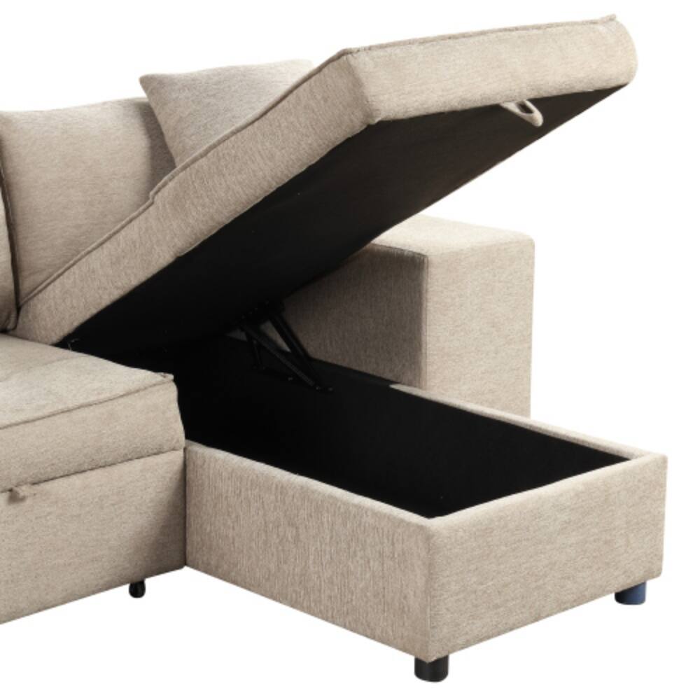 Alt View 4. LUCKY ONE - 104.5" L-Shape Reversible Pull-Out Sleeper Sectional Sofa with Storage Chaise & 2 Stools - Cream.