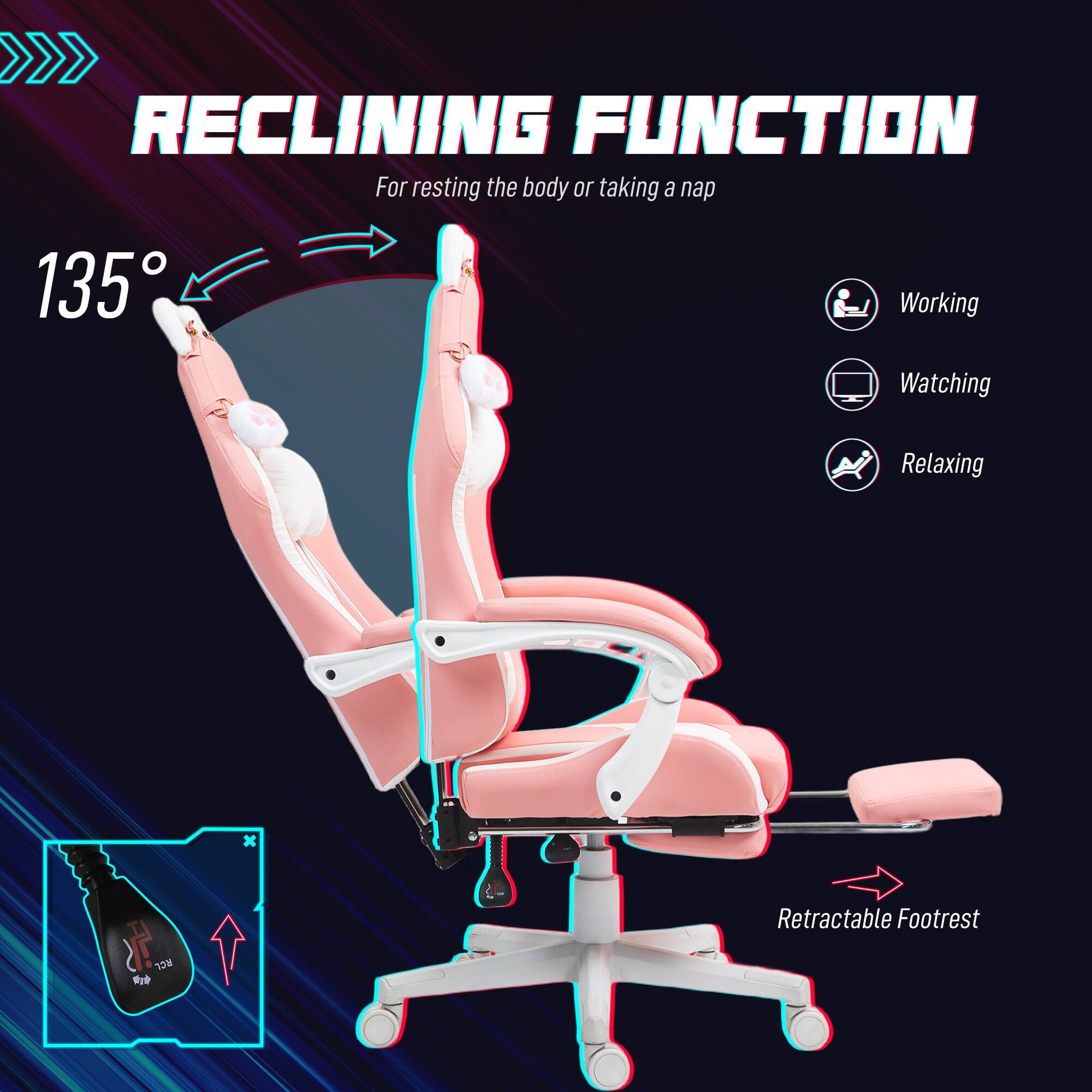 RECLINING FUNCTION For resting the body or taking a nap 135 Working Watching Relaxing Retractable Footrest