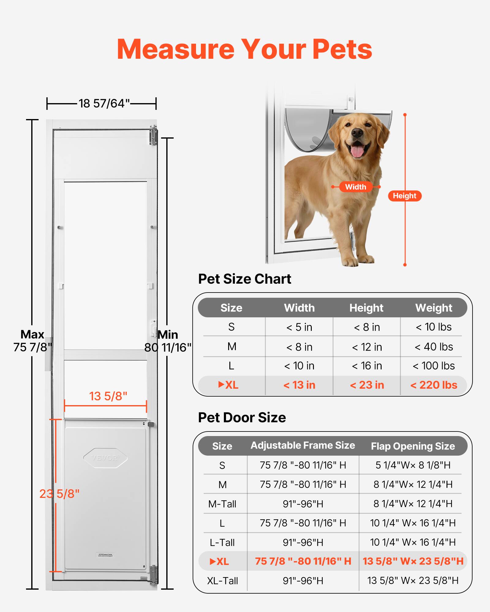 Measure Your Pets

Pet Size Chart

| Size | Width       | Height       | Weight    |
|------|-------------|-------------|-----------|
| S    | < 5 in      | < 8 in       | < 10 lbs  |
| M    | < 8 in      | < 12 in      | < 40 lbs  |
| L    | < 10 in     | < 16 in      | < 100 lbs |
| XL   | < 13 in     | < 23 in      | < 220 lbs |

Pet Door Size

| Size   | Adjustable Frame Size          | Flap Opening Size          |
|--------|------------------------------|---------------------------|
| S      | 75 7/8" - 80 11/16" H           | 5 1/4"W x 8 1/8"H           |
| M      | 75 7/8" - 80 11/16" H           | 8 1/4"W x 12 1/4"H          |
| M-Tall | 91" - 96"H                    |