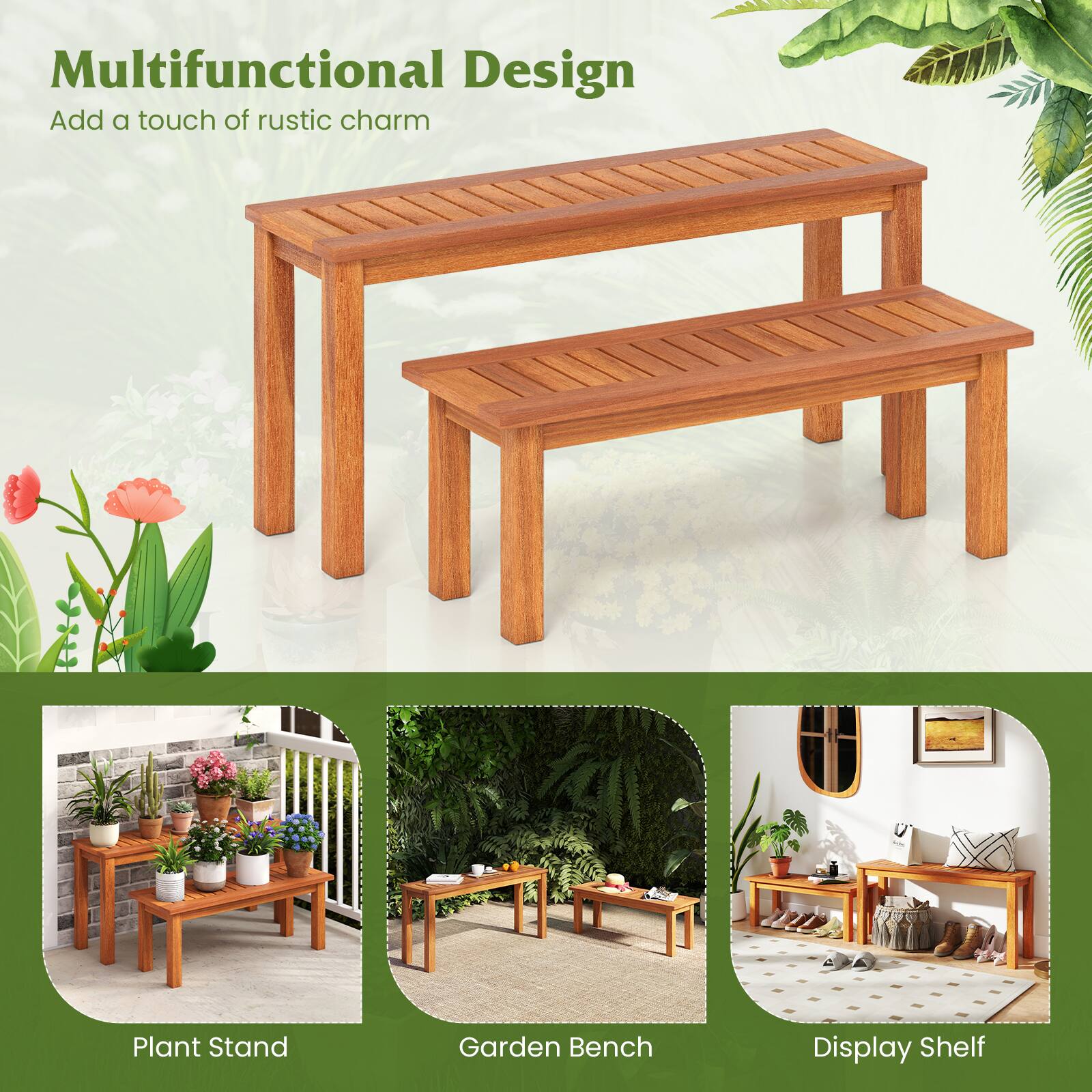 Multifunctional Design  
Add a touch of rustic charm  

Plant Stand  
Garden Bench  
Display Shelf