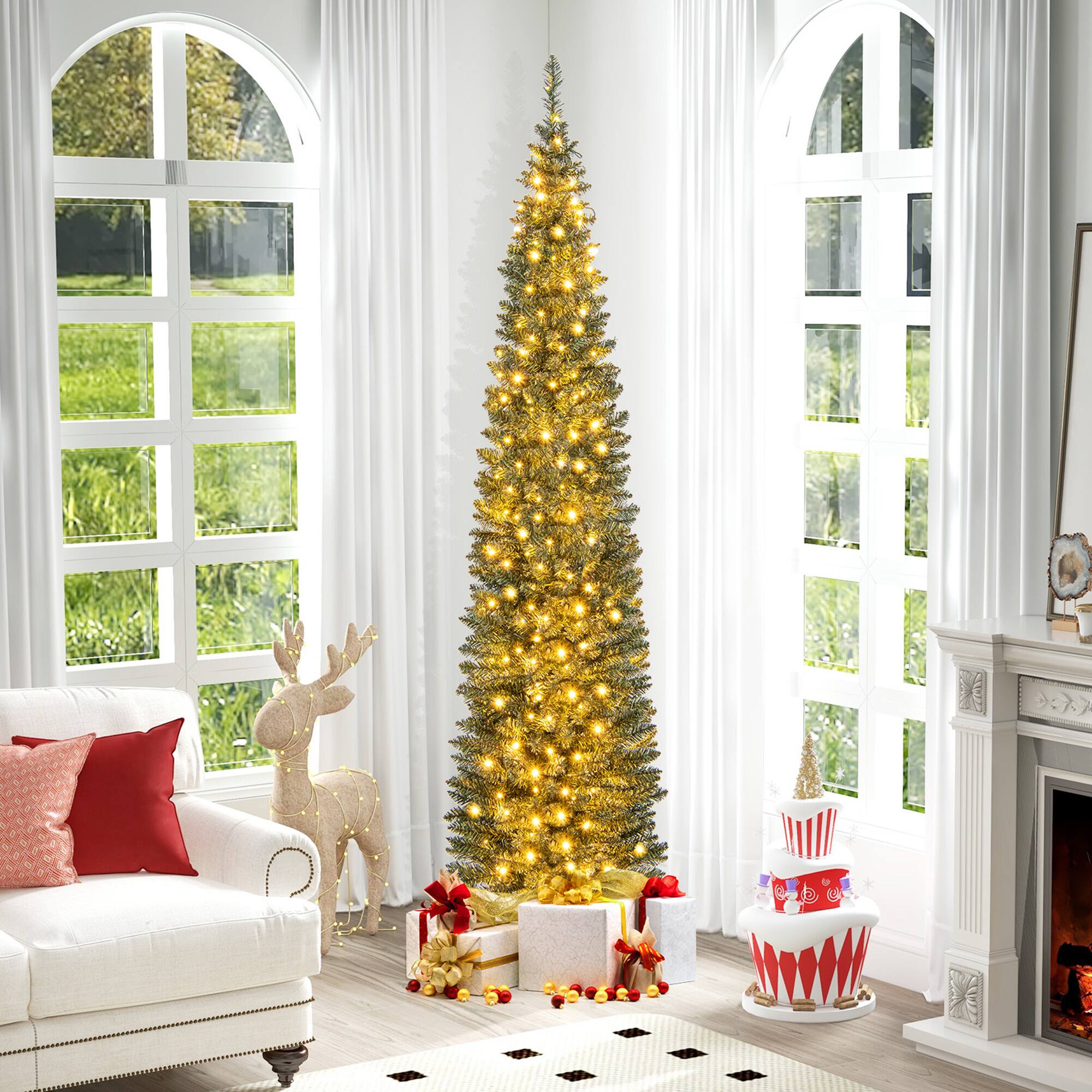 Front. Gymax - Gymax 7 ft Pre-Lit Artificial Christmas Tree Slim Pencil Xmas Tree Holiday Party Decor - Green.