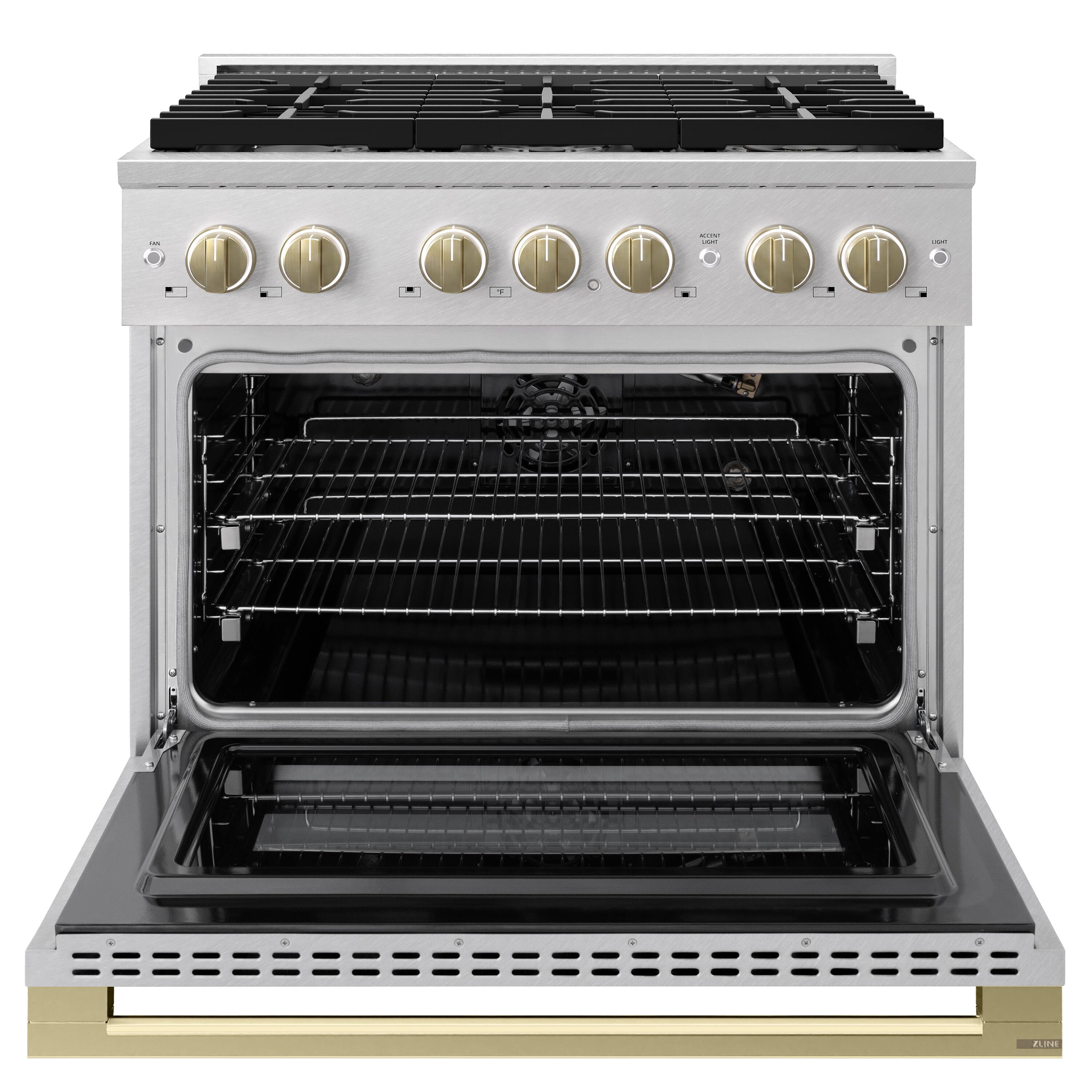 Angle. ZLINE - Autograph 36 in. 5.2 cu. ft. Manual Clean Marino Freestanding Gas Range with 6 Burners and Champagne Bronze Accents - Satin Stainless Steel.
