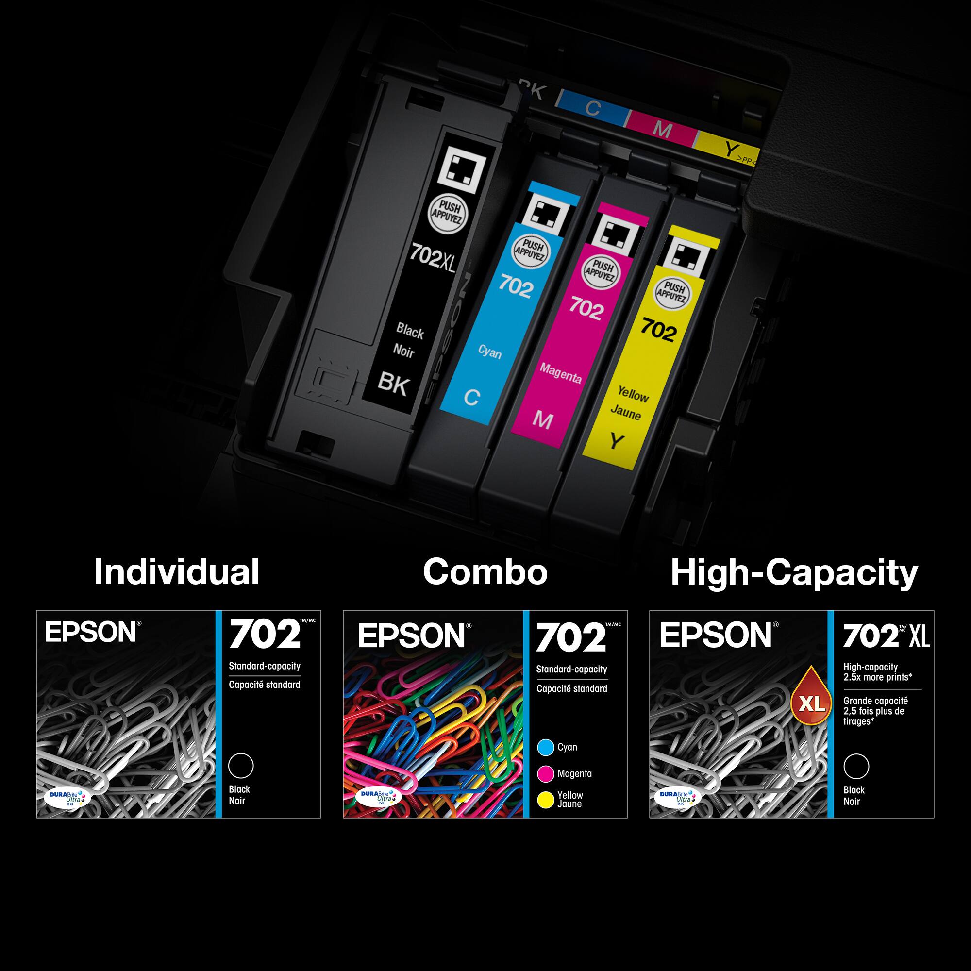 The text on the image is grouped as follows:

1. Individual: EPSON 702
2. Combo: EPSON 702 XL
3. High-Capacity: EPSON 702 XL

The corrected text is:

1. Individual: EPSON 702
2. Combo: EPSON 702 XL
3. High-Capacity: EPSON 702 XL