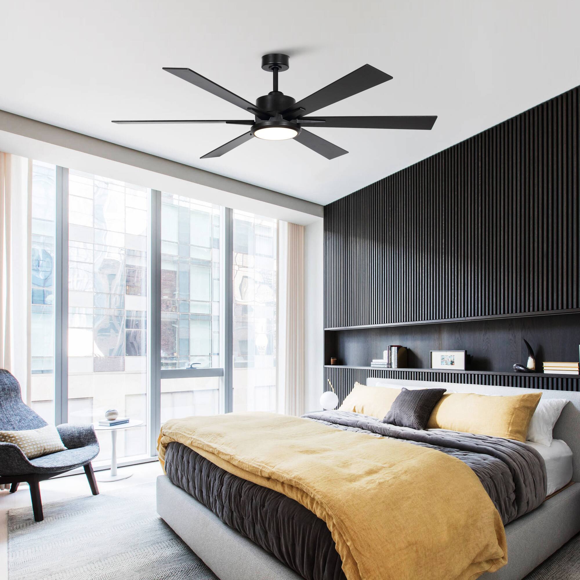 Left. Parrot Uncle - 65" Modern 6-Blade Black LED Ceiling Fan with Remote Control - Black.