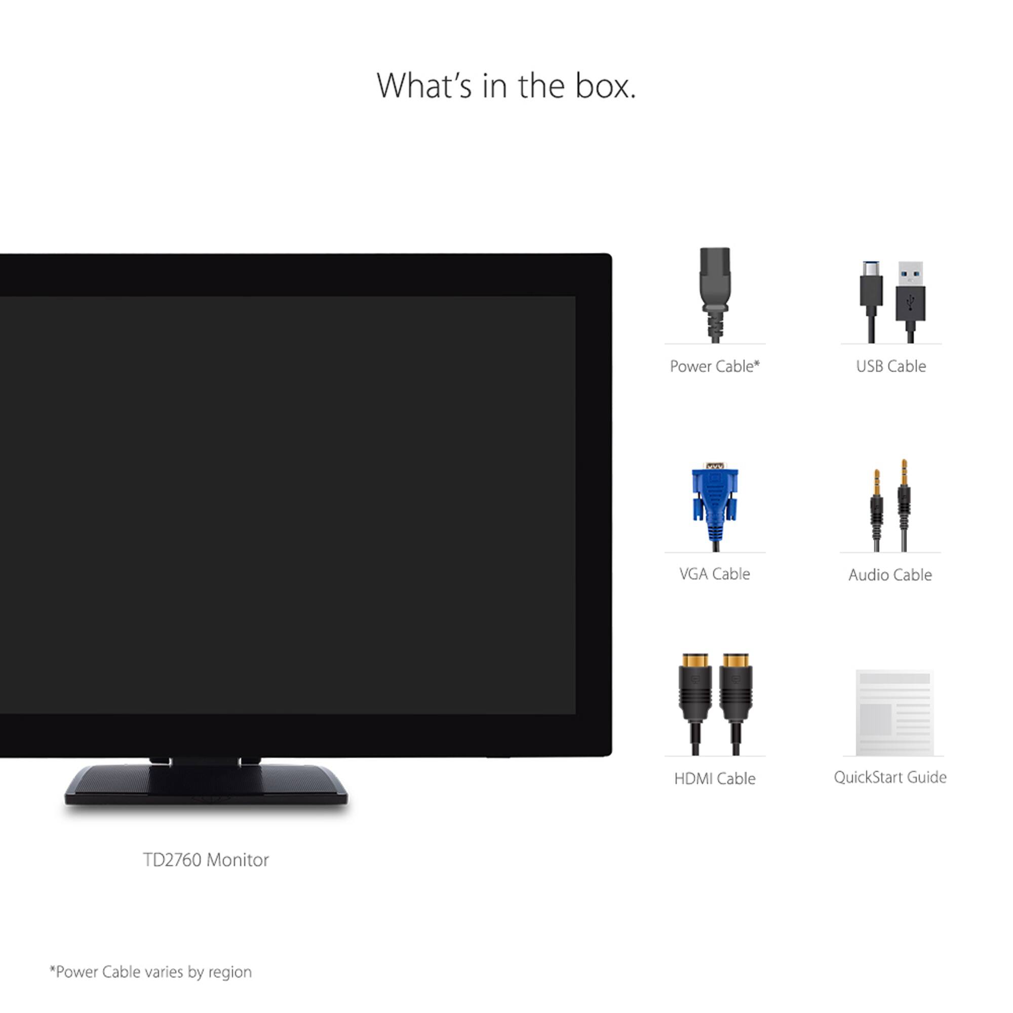 The text on the image is grouped as follows:

1. What's in the box:
2. Power Cable
3. USB Cable
4. VGA Cable
5. Audio Cable
6. HDMI Cable
7. QuickStart Guide
8. TD2760 Monitor
9. "Power Cable varies by region"

The text is now grouped and corrected.