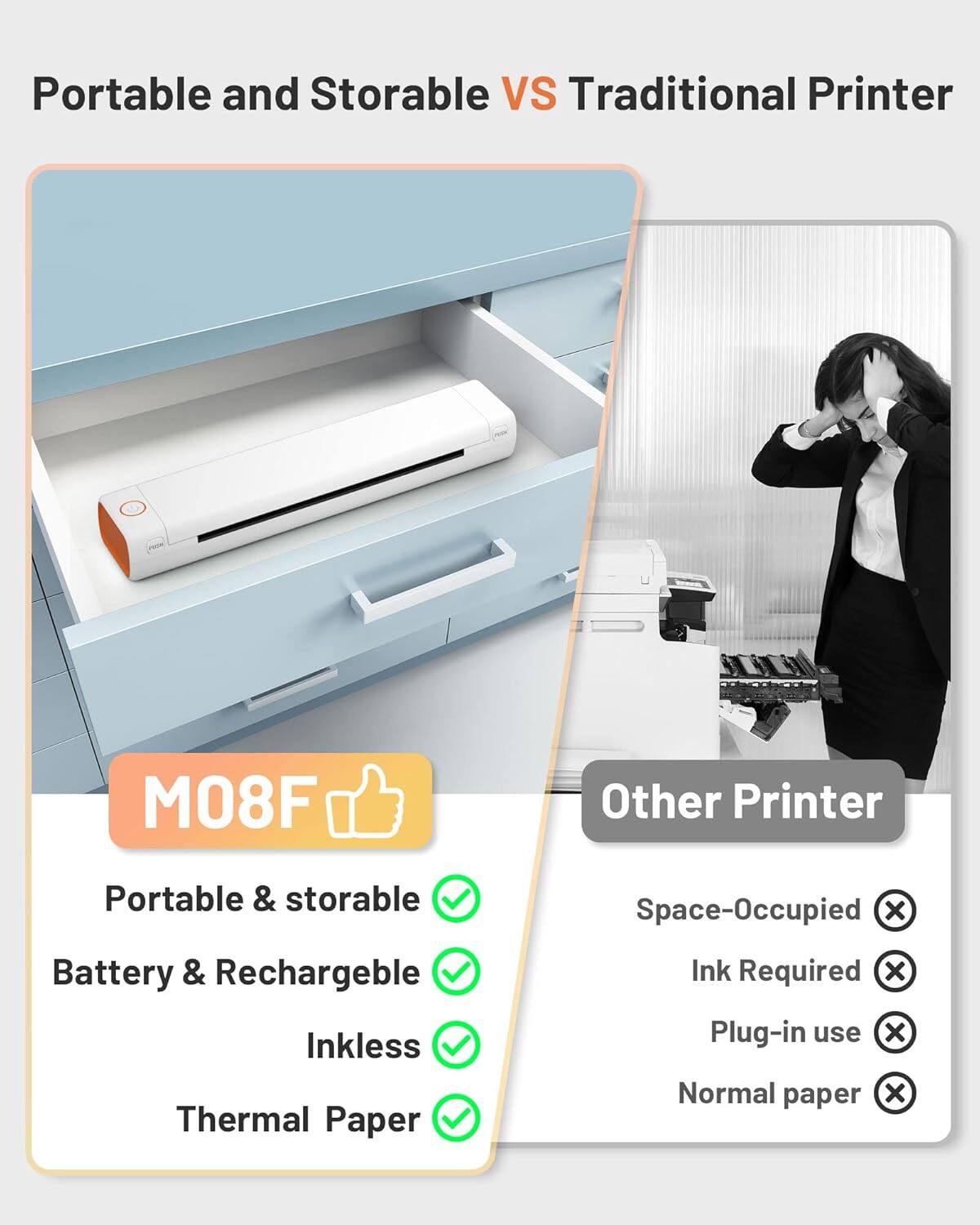 Portable and Storable VS Traditional Printer

M08F  
Portable & storable  
Battery & Rechargeable  
Inkless  
Thermal Paper  

Other Printer  
Space-Occupied  
Ink Required  
Plug-in use  
Normal paper