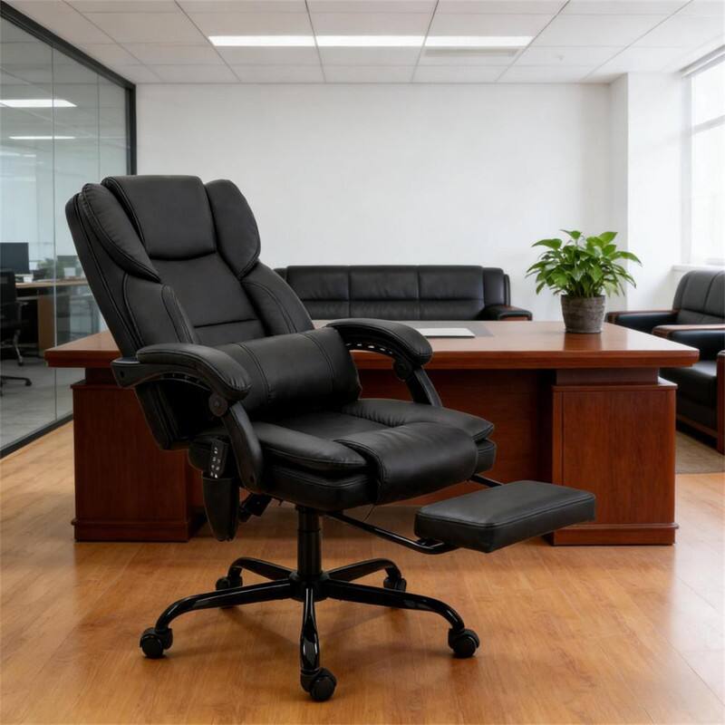 Front. HTUTWOO - Faux Leather Massage Office Chair - 6-Point Vibration Reclining Desk Chair, 140° Recline, Footrest, Pet-Friendly,265 lbs - Black.