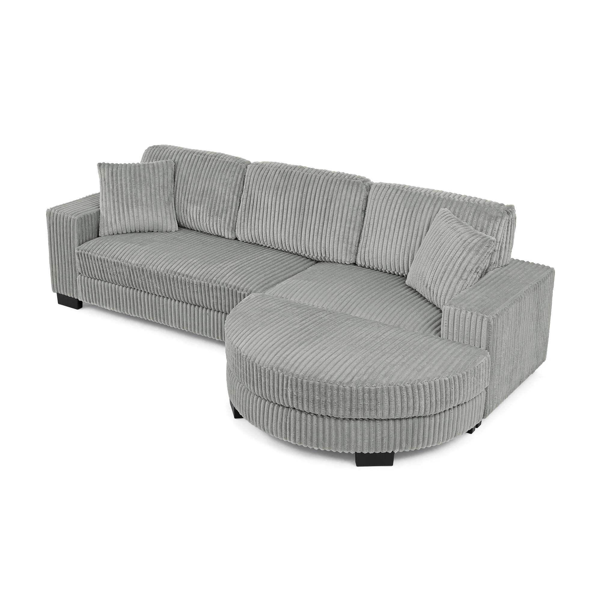 Left. Whisen - Corduroy Tufted Upholstered Sleeper Sectional Sofa with arc-shaped footstool for Living Room - Grey.