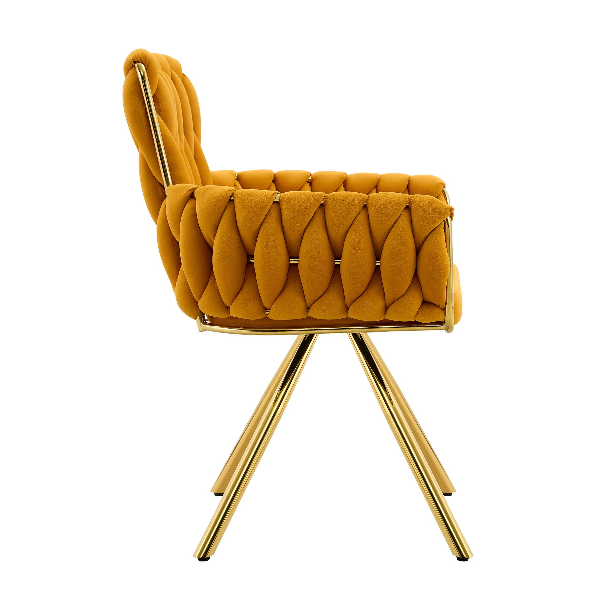 Alt View 9. Loheer - Loheer Velvet Dining Chairs Set of 2, Yellow Braided Upholstered Armchairs with Gold Legs, 2.08 ft, Dining Room - Gold,Yellow.