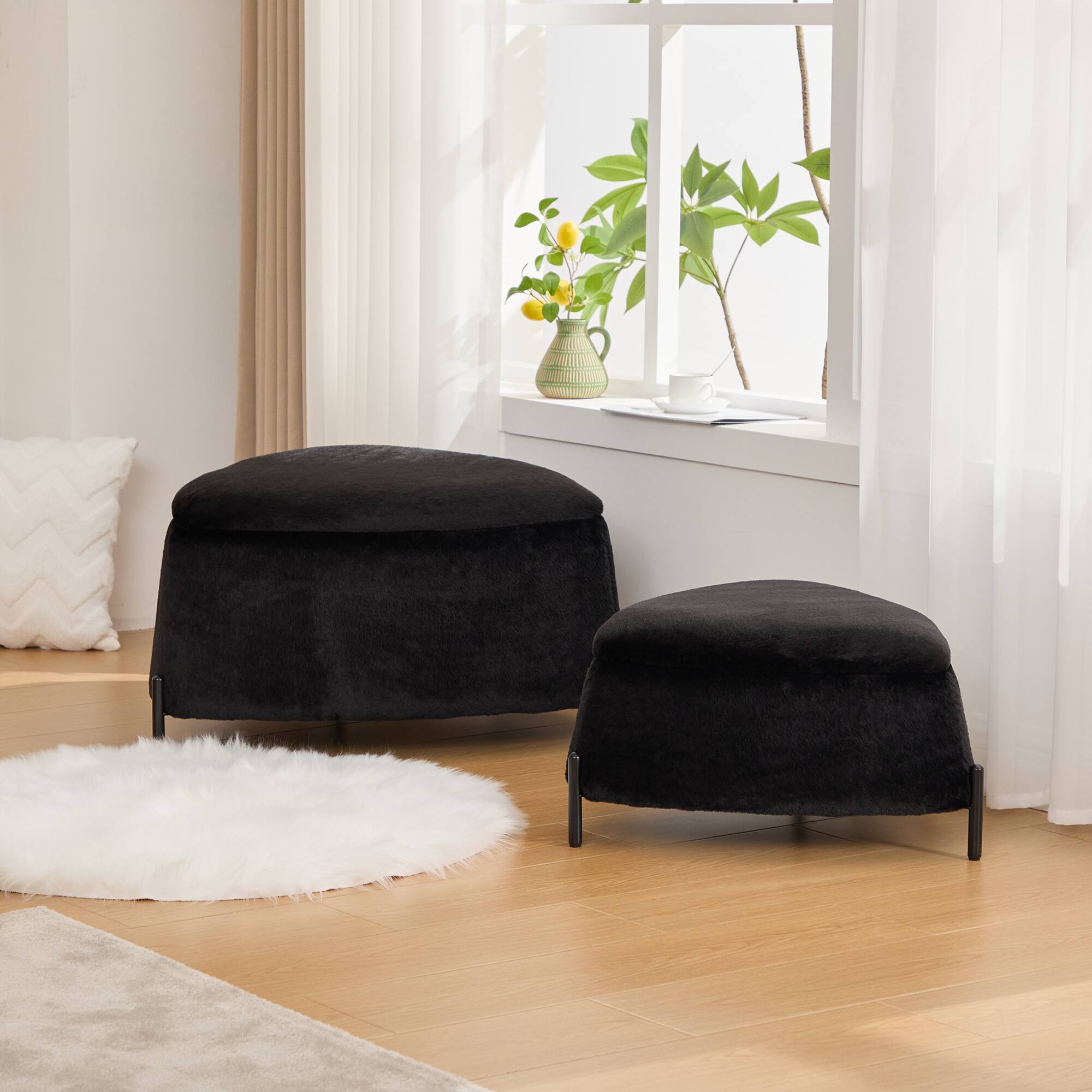 Angle. Boyel Living - Faux Fur Storage Ottoman Set with Reversible Tray Lid and Metal Legs, 2-Piece - Black.