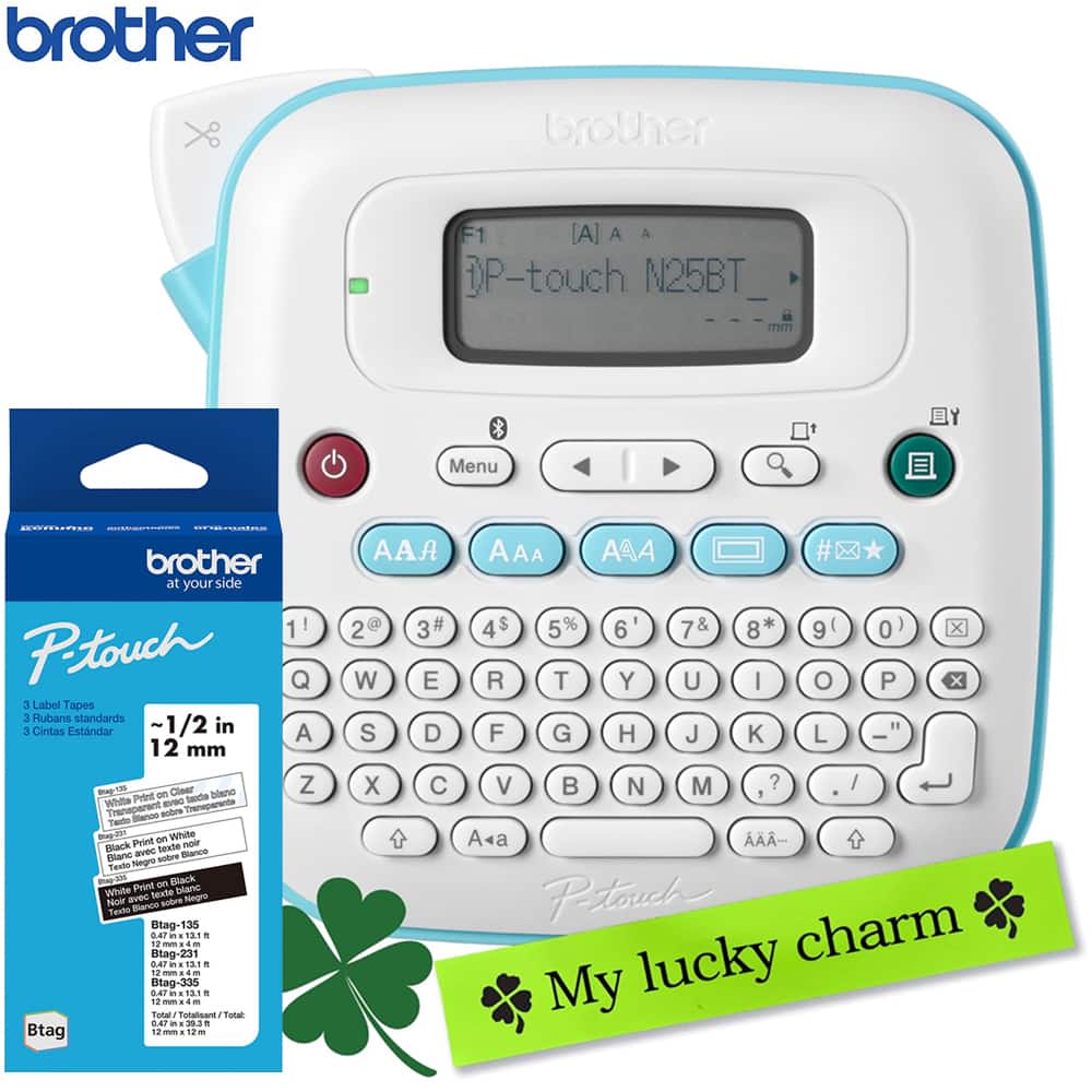 PTN25BT P-Touch Personal Connected Label Maker Brother P-touch Btag Label Tape BTAG3M01 Bundle - White
