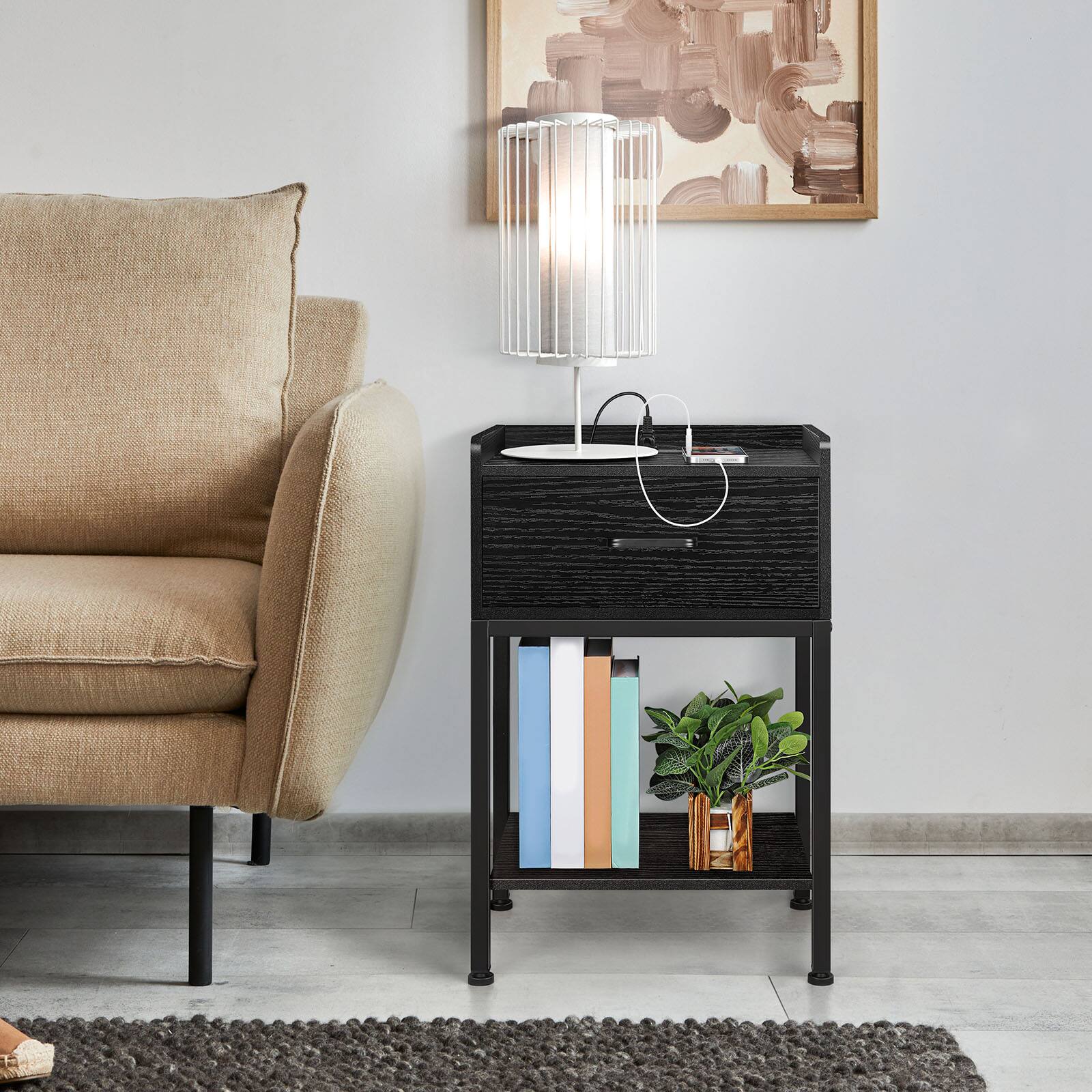 Oumilen - Nightstand with Charging Station, Industrial End Table with Drawer & Open Shelf - Black