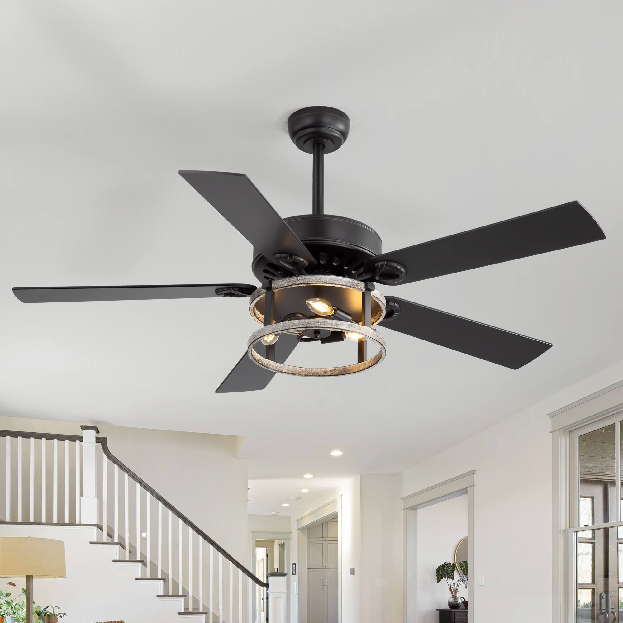 Angle. Breezary - 52 Inch Ceiling Fan with Remote, 5 Plywood Dual-Finish Blades, DC Motor, E12x3 Bulb Base, 5"&10" Downrods - matte black and wood grain gray.
