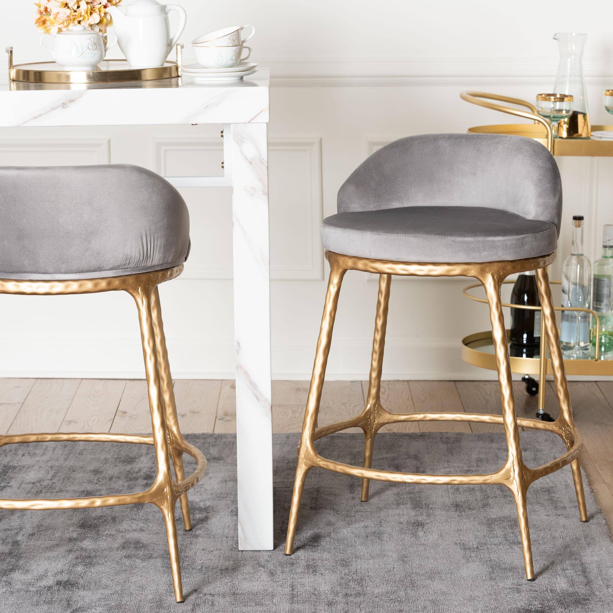 Alt View 4. Baxton Studio - Aarush Counter Stool - Modern Rustic Seating with Hand-Forged Metal Frame and Low Back for Kitchen Island or Lounge - Grey/Gold.