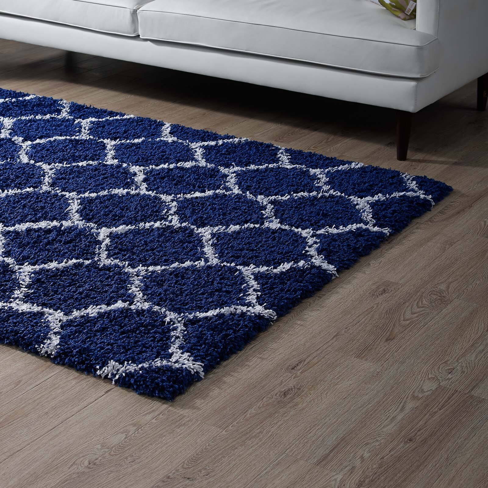 Back. Modway - Solvea Moroccan Trellis Shag Area Rug - Navy and Ivory.