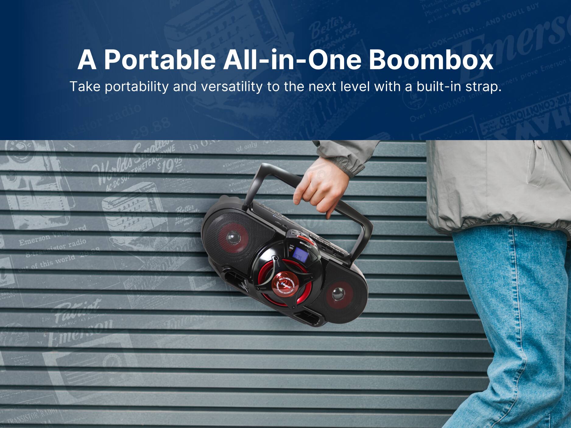 A Portable All-in-One Boombox, Take portability and versatility to the next level with a built-in strap.