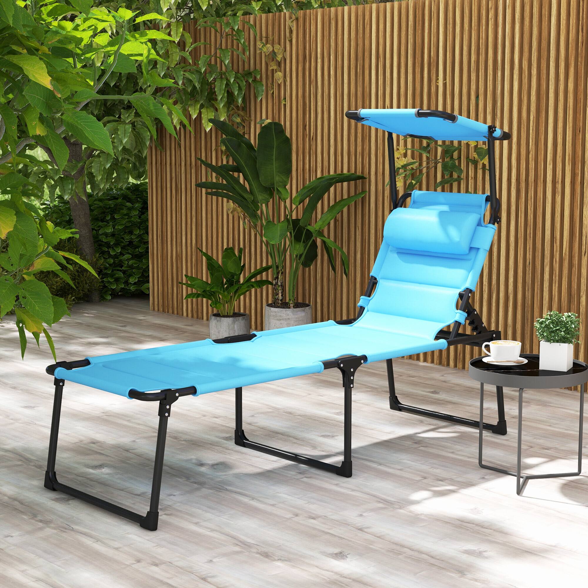 Alt View 1. Outsunny - Outdoor Lounge Chair, Adjustable Backrest Folding Chaise Lounge, Cushioned Tanning Chair with Sunshade Roof & Pillow - Light Blue.