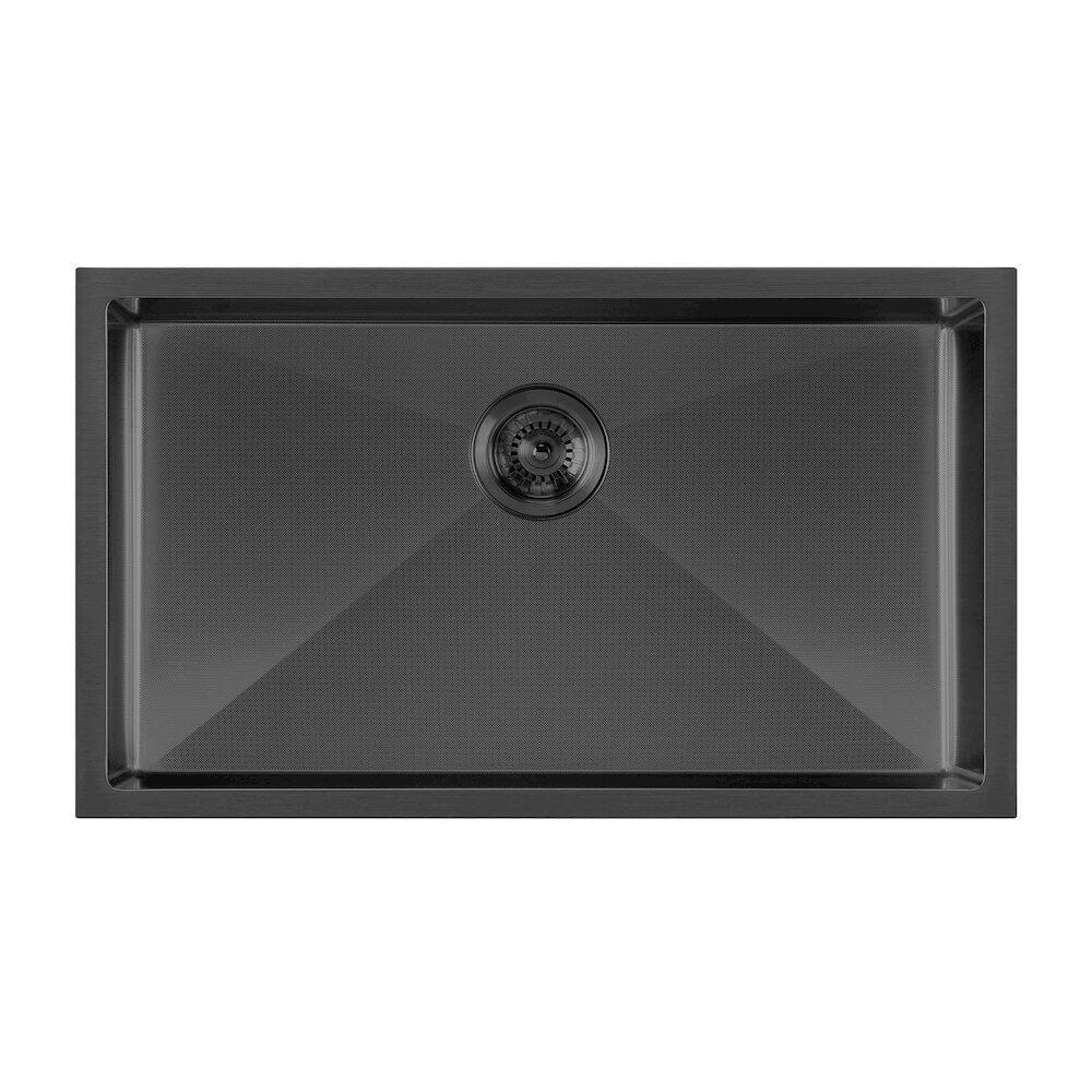 Left. Whitehaus - Noah Plus 16 gauge Single Bowl Linen Textured Dual-Mount Sink Set - Black.