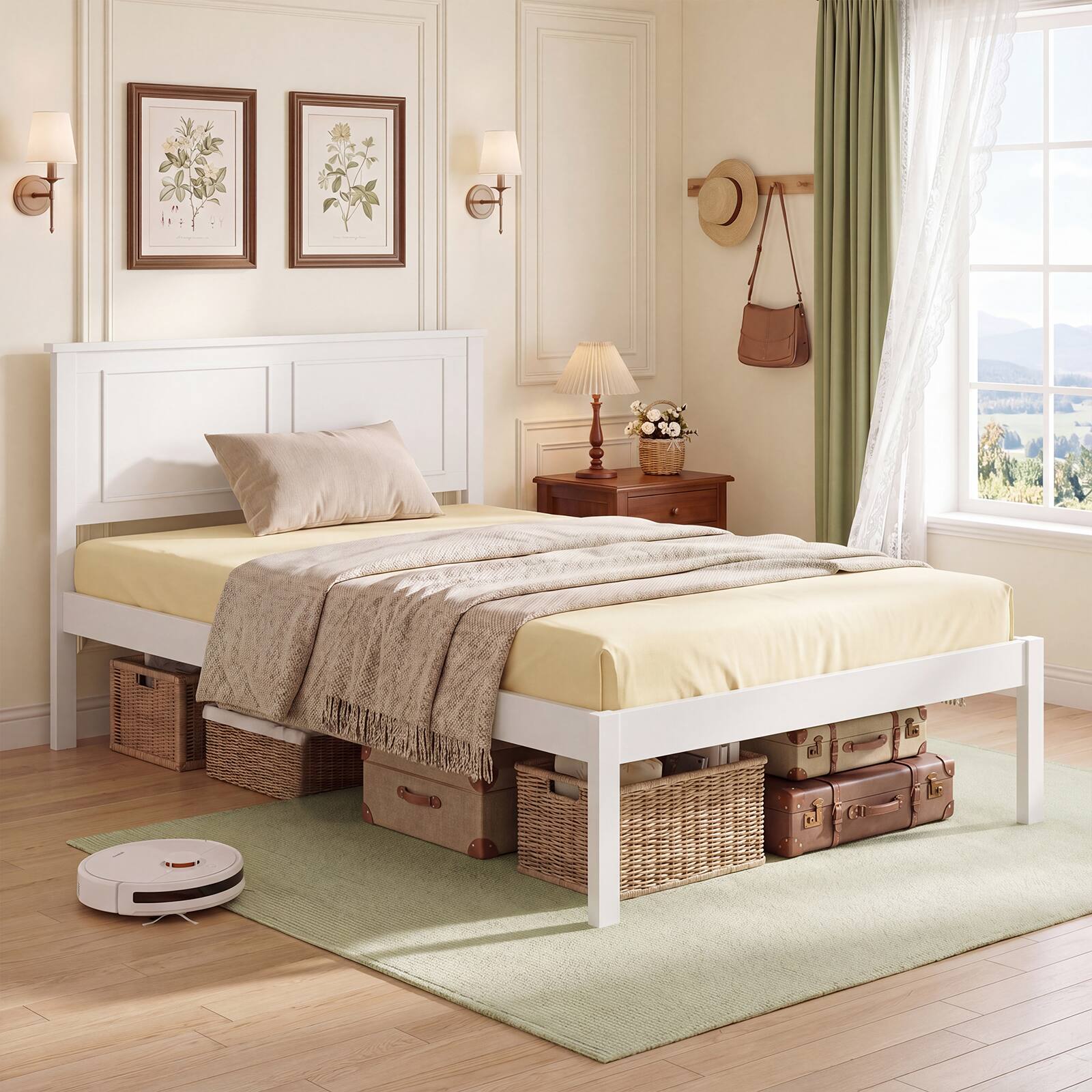 Gymax - Twin Size Bed Frame Farmhouse Wooden Platform Bed w/Headboard Under-Bed Storage - White