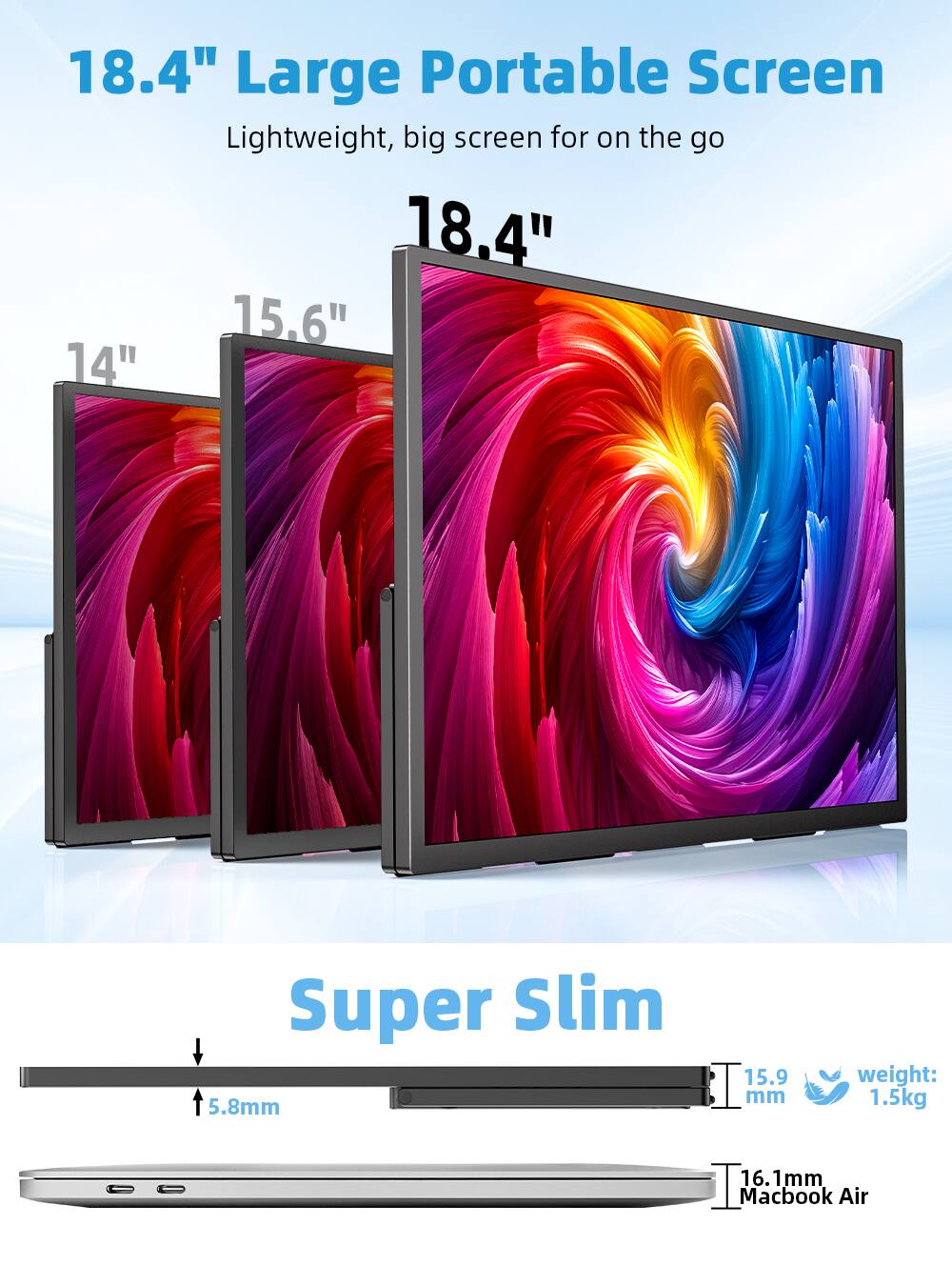 18.4" Large Portable Screen Lightweight, big screen for on the go

18.4" 15.6" 14" Super Slim

5.8mm

weight: 1.5kg

16.1mm Macbook Air
