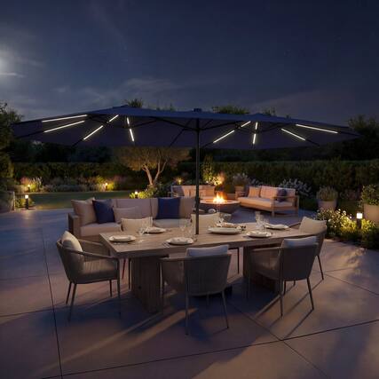 Front. Famapy - Double Top Patio Umbrella with LED Lights Outdoor Market UmbrellaLarge Twin Canopy Deck Umbrella for Patio Garden - Navy blue.