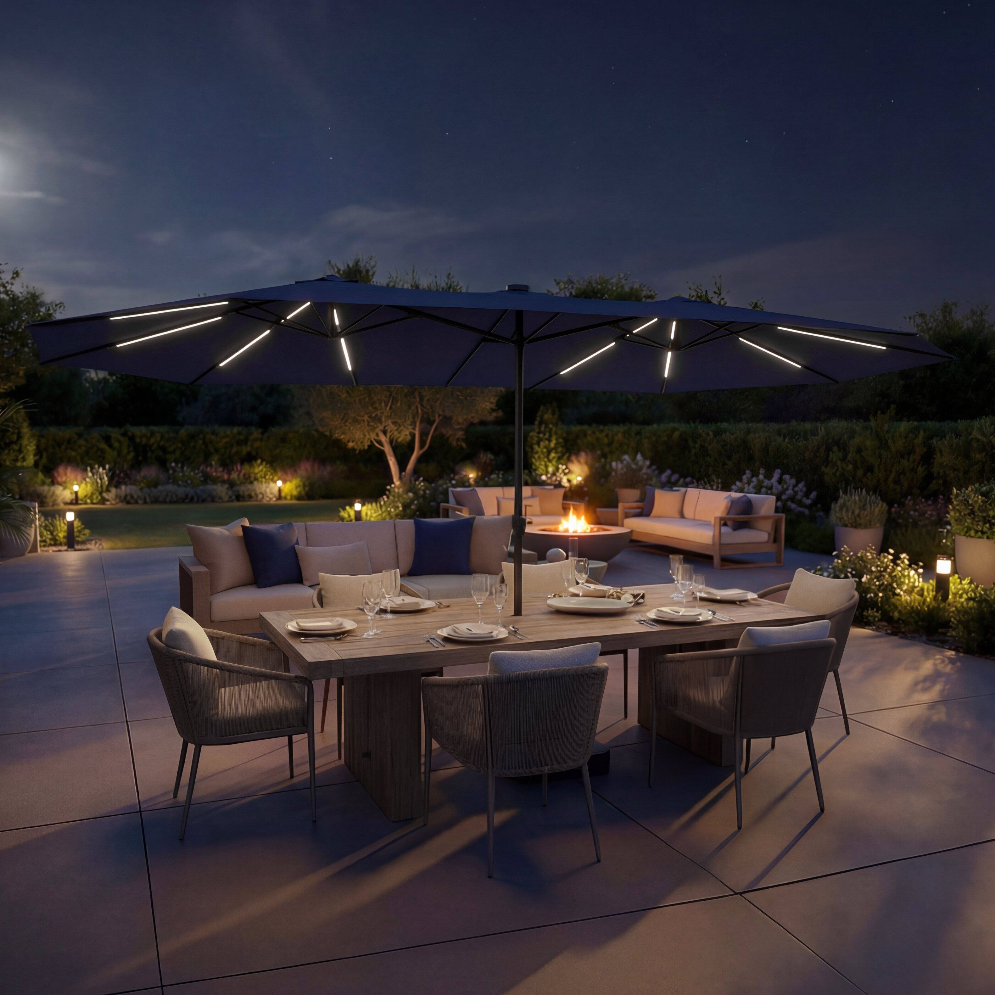 Front. Famapy - Double Top Patio Umbrella with LED Lights Outdoor Market UmbrellaLarge Twin Canopy Deck Umbrella for Patio Garden - Navy blue.