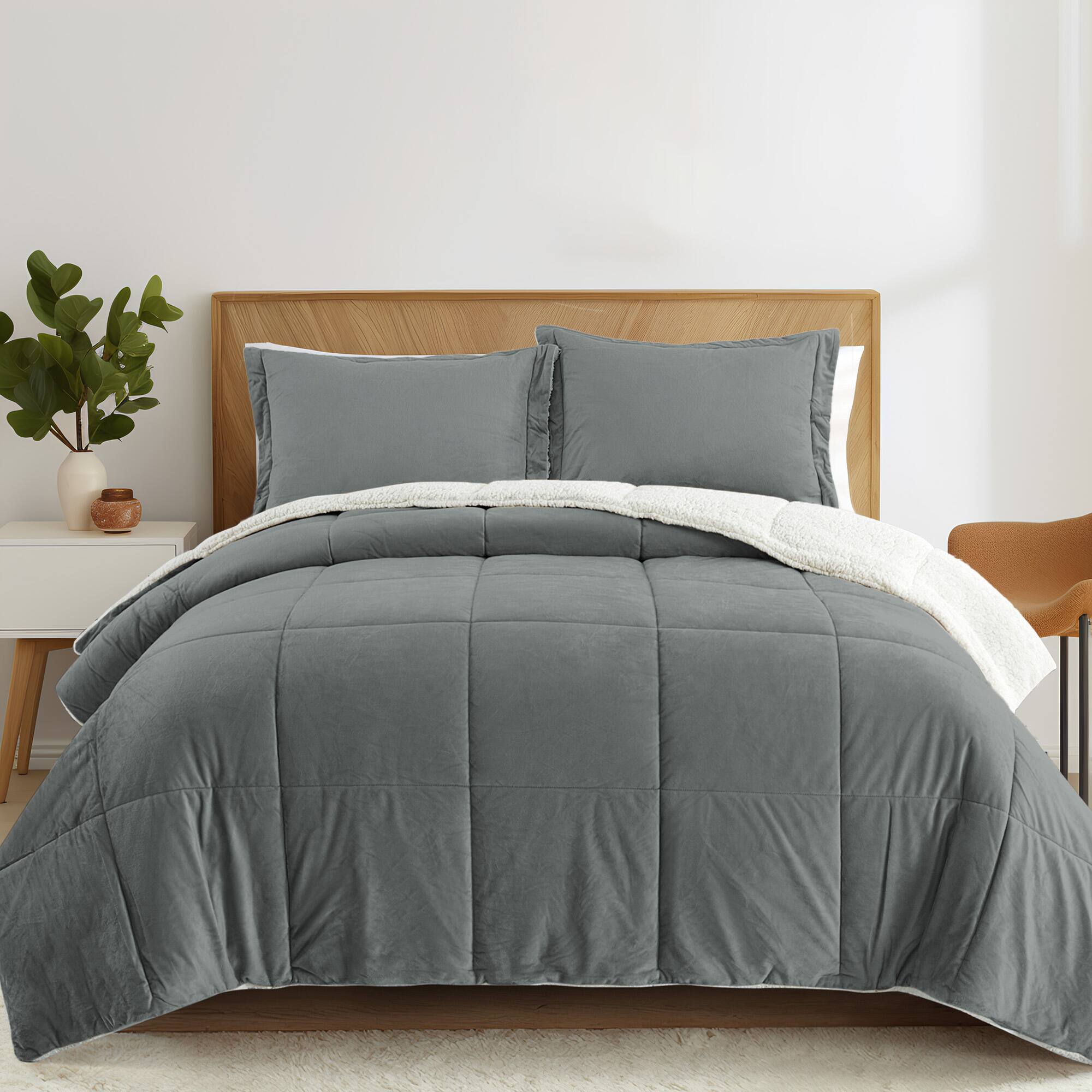 Alt View 1. Peace Nest - Peace Nest Sherpa Fluffy Faux Fur Comforter Set Plush Reversible Bedding Set - Solid Gray.