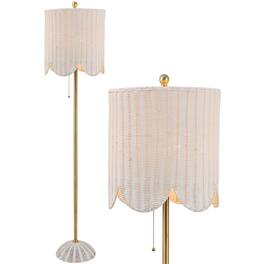 Jonathan Y - Joel 63.5" Coastal Bohemian Scallop Shade Rattan/Metal LED Floor Lamp with Pull Chain - White/Brass Gold