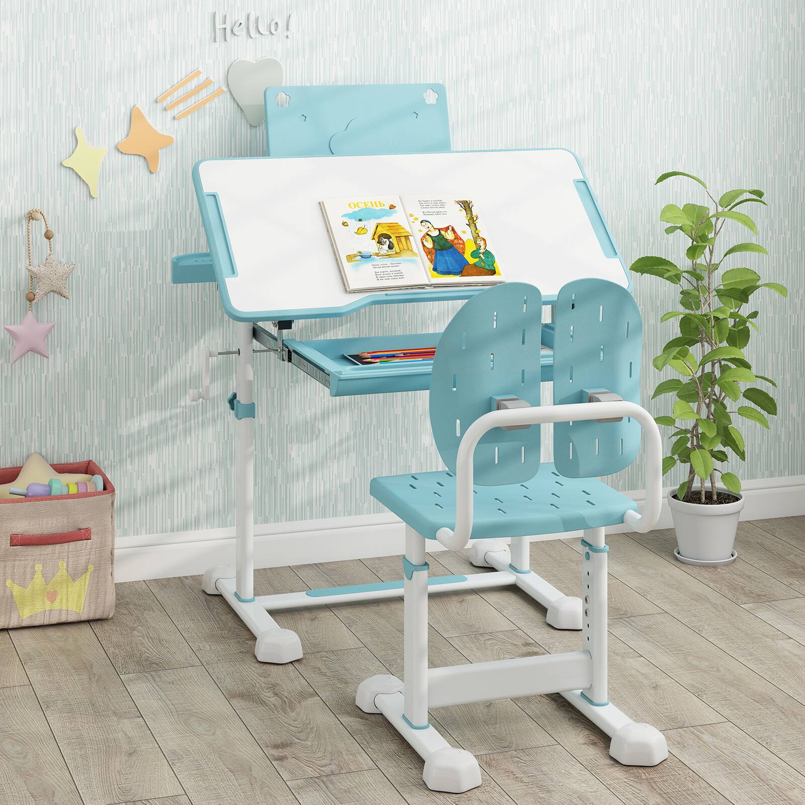 Alt View 1. Gymax - Gymax Kid's Study Desk & Chair Set w/Tilt Desktop Book Stand Footrest Bar for Toddlers Blue - Blue.