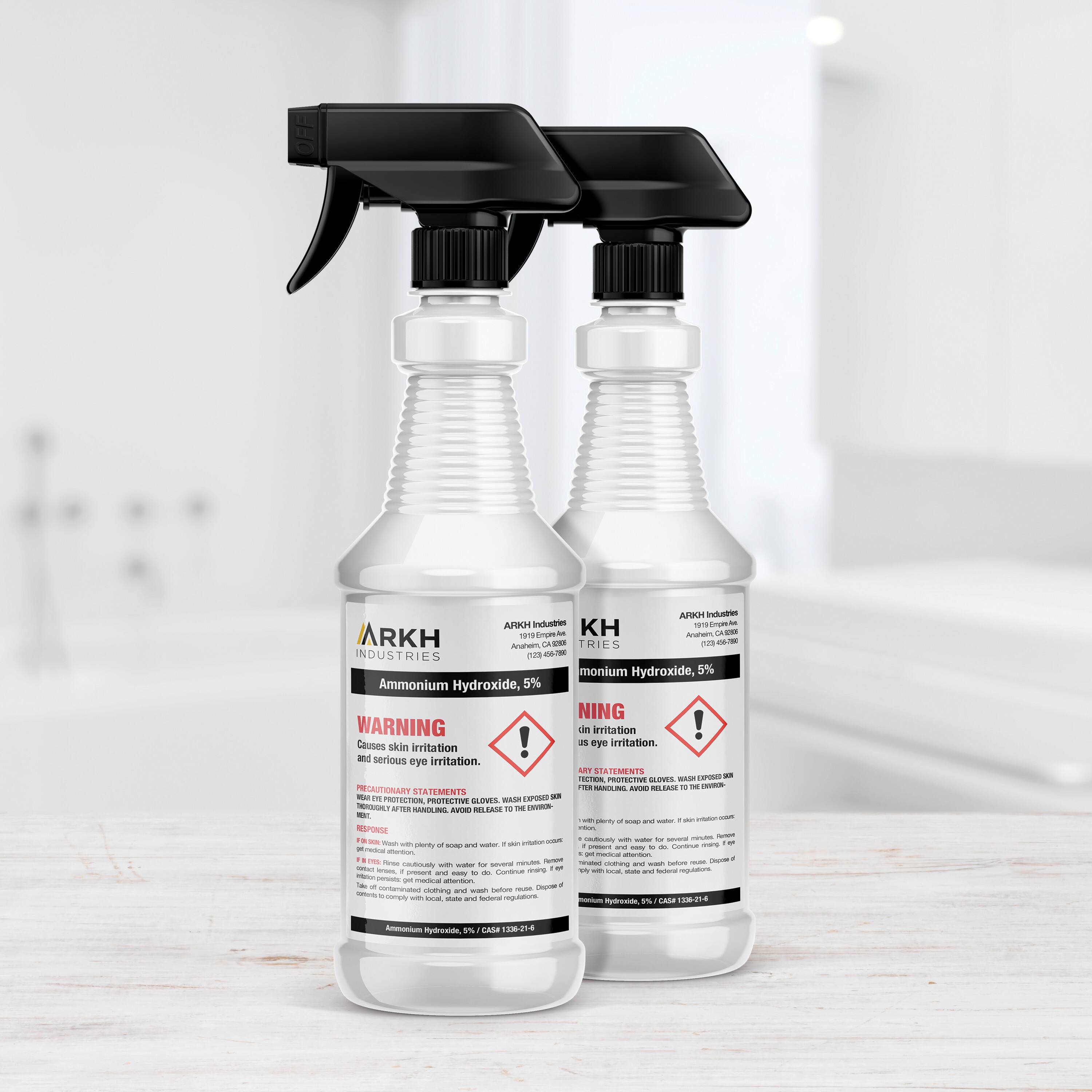 ARKH Industries  
Ammonium Hydroxide, 5%  

WARNING  
Causes skin irritation and serious eye irritation.  

PRECAUTIONARY STATEMENTS  
- Wear protective gloves/protective clothing/eye protection/face protection.  
- Wash hands thoroughly after handling.  
- Avoid release to the environment.  

RESPONSE  
- IF IN EYES: Rinse cautiously with water for several minutes. Remove contact lenses, if present and easy to do. Continue rinsing.  
- IF ON SKIN: Wash with plenty of soap and water.  
- IF SWALLOWED: Rinse mouth. Do NOT induce vomiting. Consult a physician.  
- IF INHALED: Remove to fresh air.  

Ammonium Hydroxide, 5%  
CAS 1333-16-5