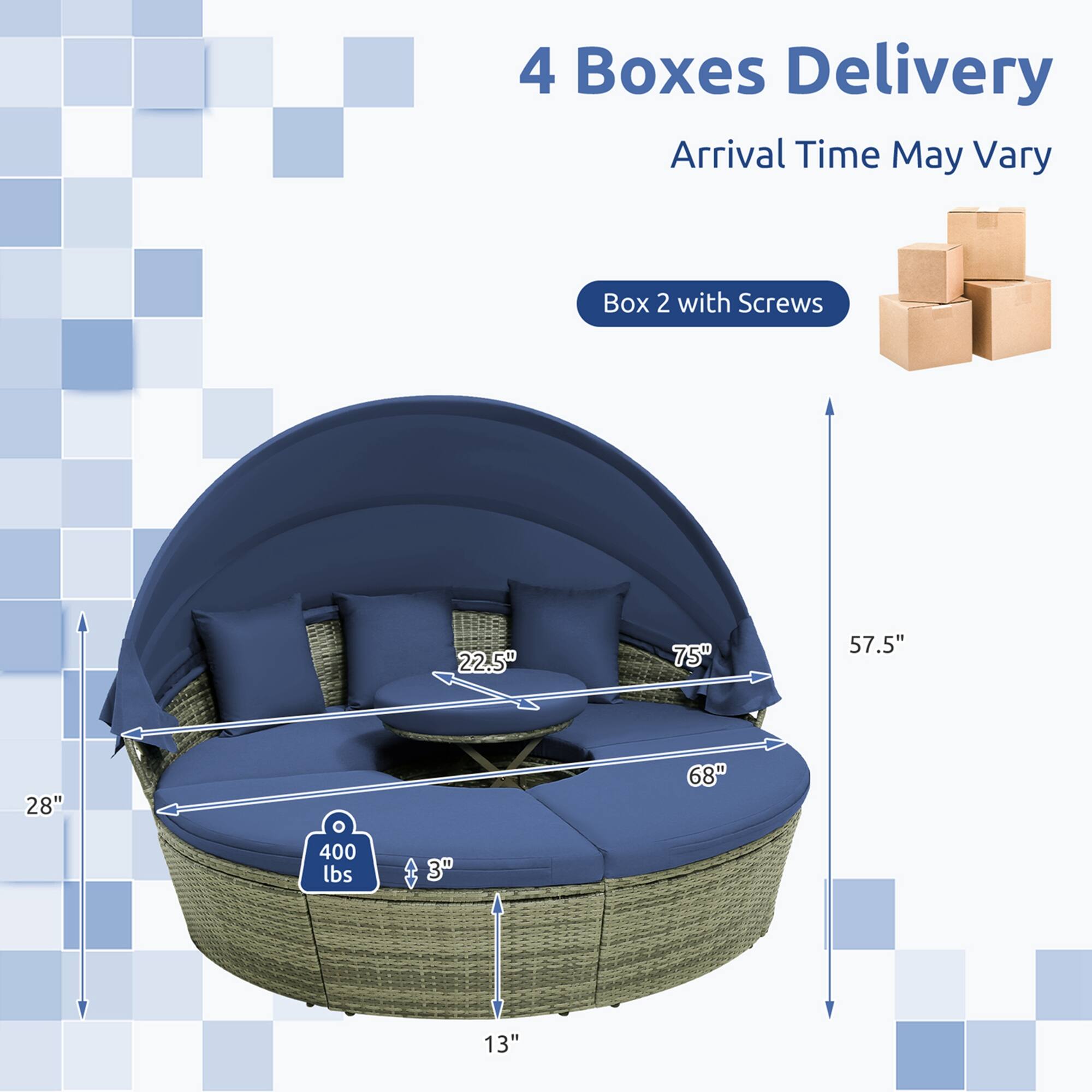 4 Boxes Delivery Arrival Time May Vary. Box 2 with Screws. 22.5" 75" 57.5" 28" 68" 400 lbs 3" 13".