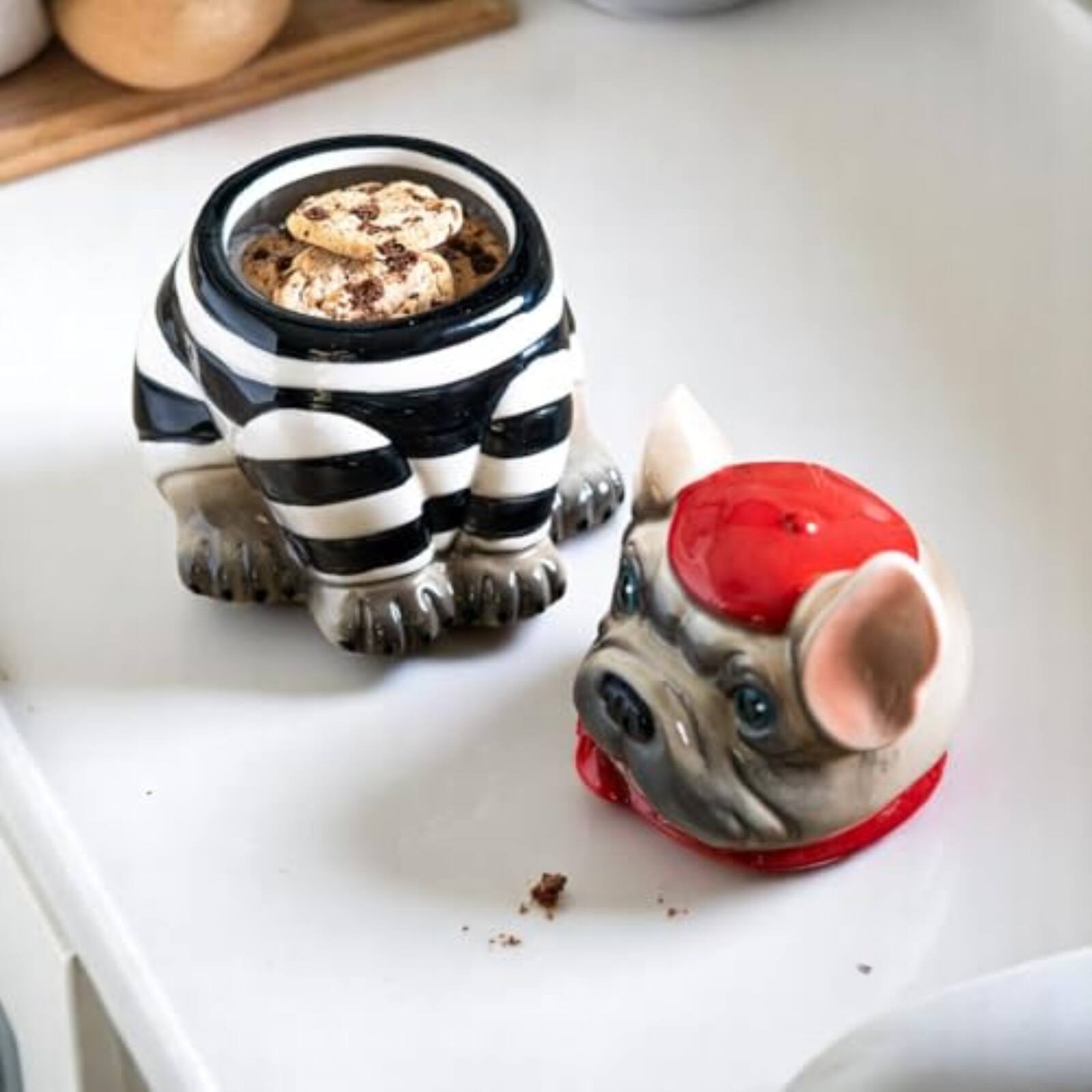 Left. Pacific Trading - Le French Bulldog Cookie Jar, Ceramic, Black and White Striped Shirt, Kitchen Decor, Storage Accessory - Multicolor.