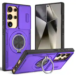 UUCOVER - For Samsung Galaxy S25 Ultra Heavy Duty Case with Slide Camera Cover, Rotatable Magnetic Ring Kickstand Shockproof Cover - Purple