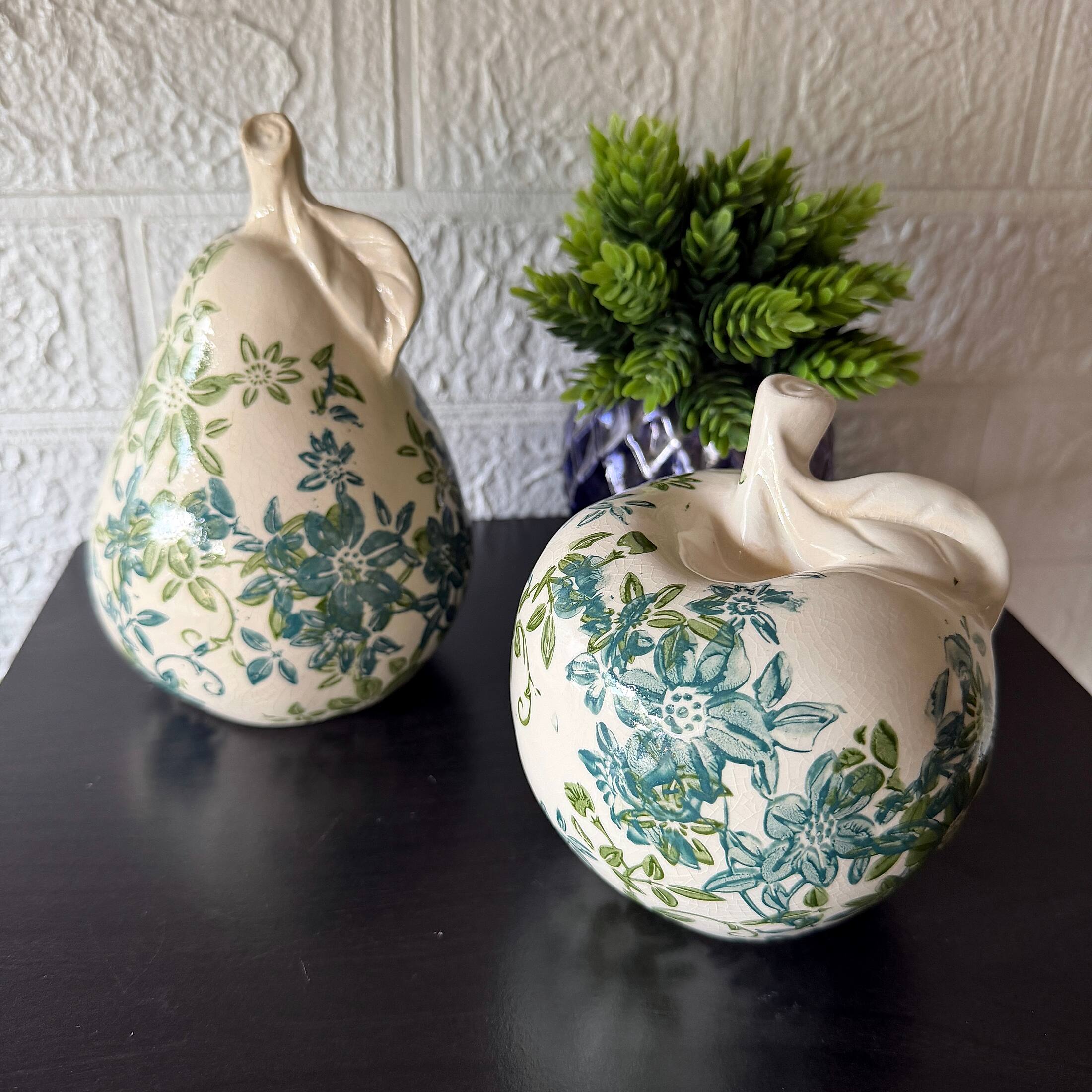 Alt View 3. Things2Die4 - Blue Green Floral Ceramic Fruit Figurines Apple and Pear Set 6.25 Inch - Green.