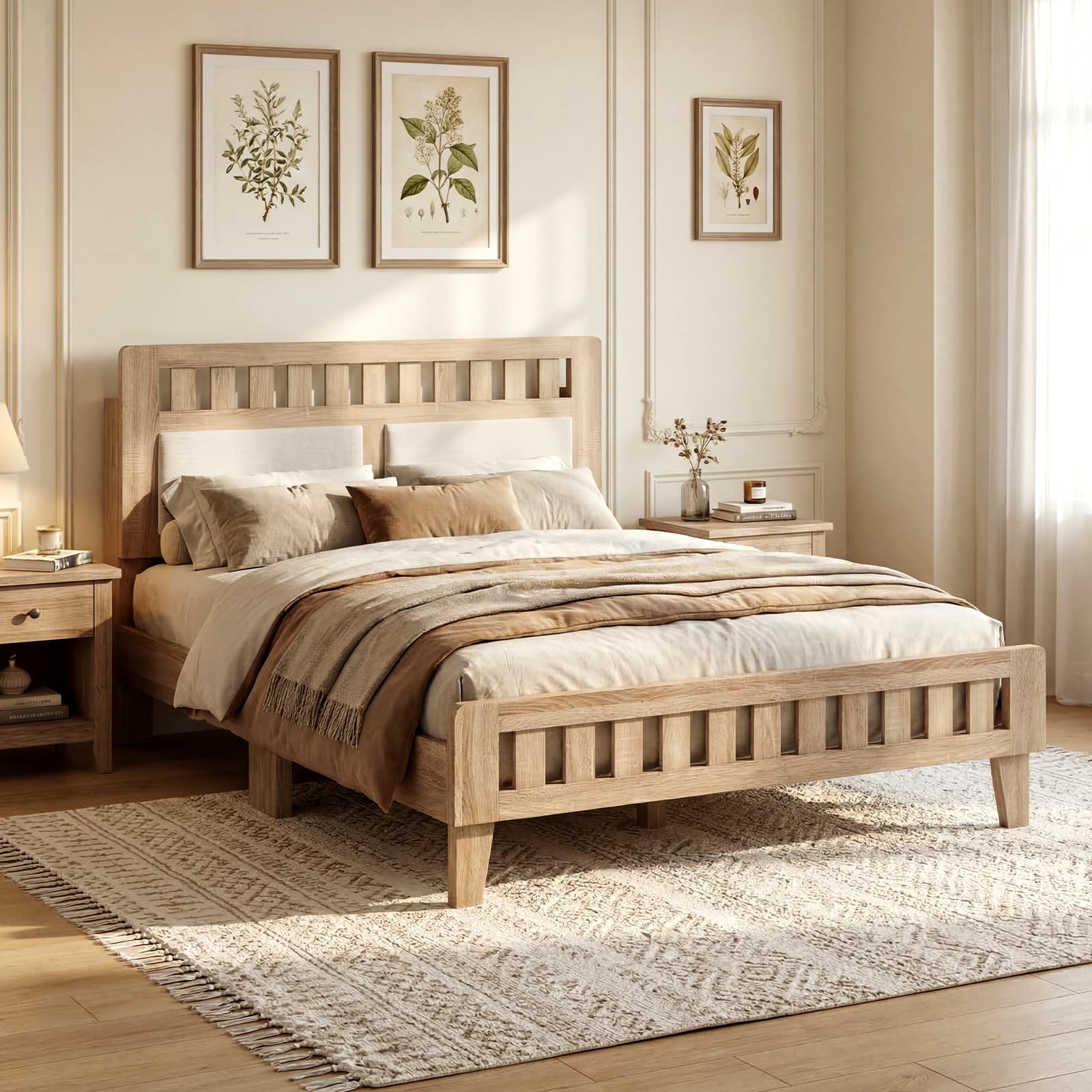 Gymax - Full Wood Bed Frame w/Upholstered Headboard Solid Wood Leg Wooden Slat Support Rustic Oak & Beige - Yellow