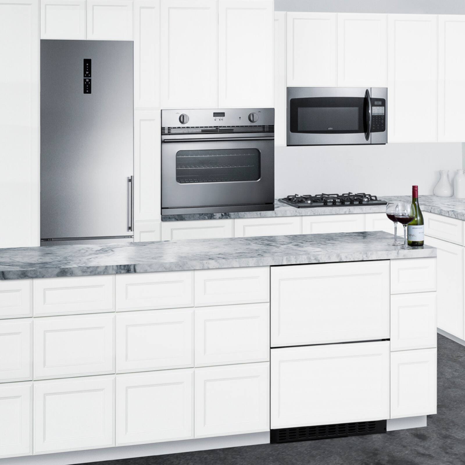 Left. SUMMIT - 18" deep 24" wide undercounter ADA height drawer refrigerator - Steel.